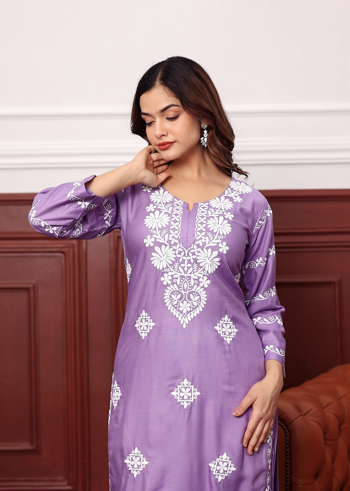 LIGHT PURPLE Women's rayon chikankari work straight kurta palazzo set for women