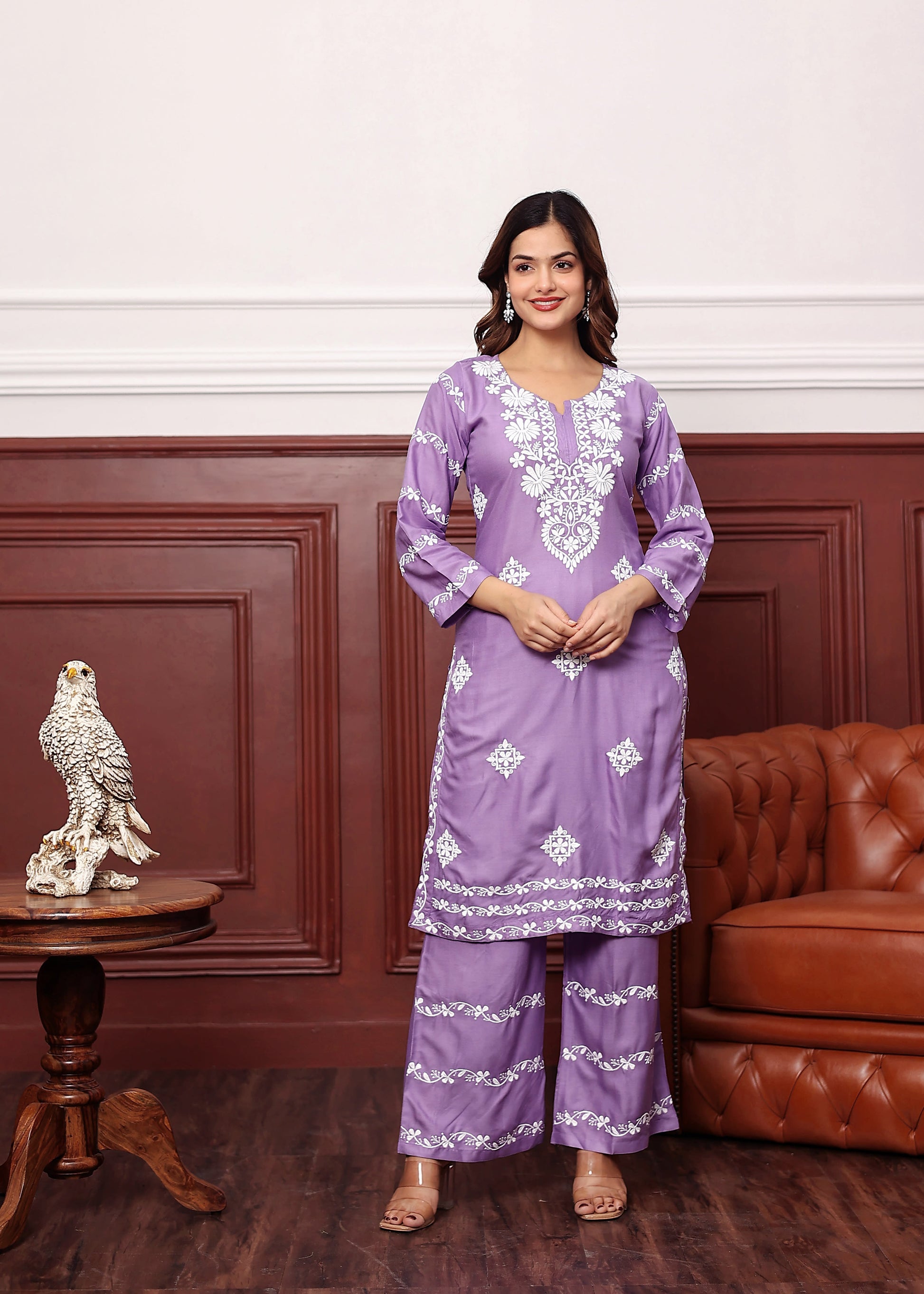 LIGHT PURPLE Women's rayon chikankari work straight kurta palazzo set for women