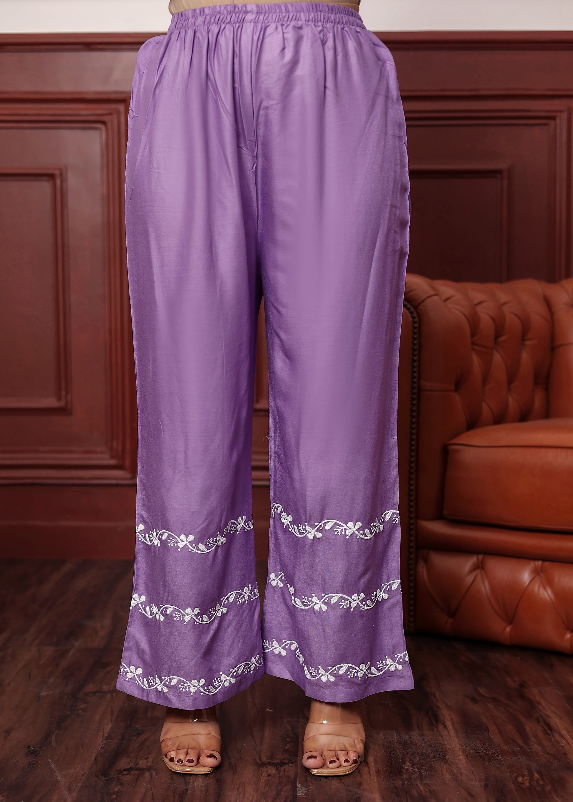 LIGHT PURPLE Women's rayon chikankari work straight kurta palazzo set for women