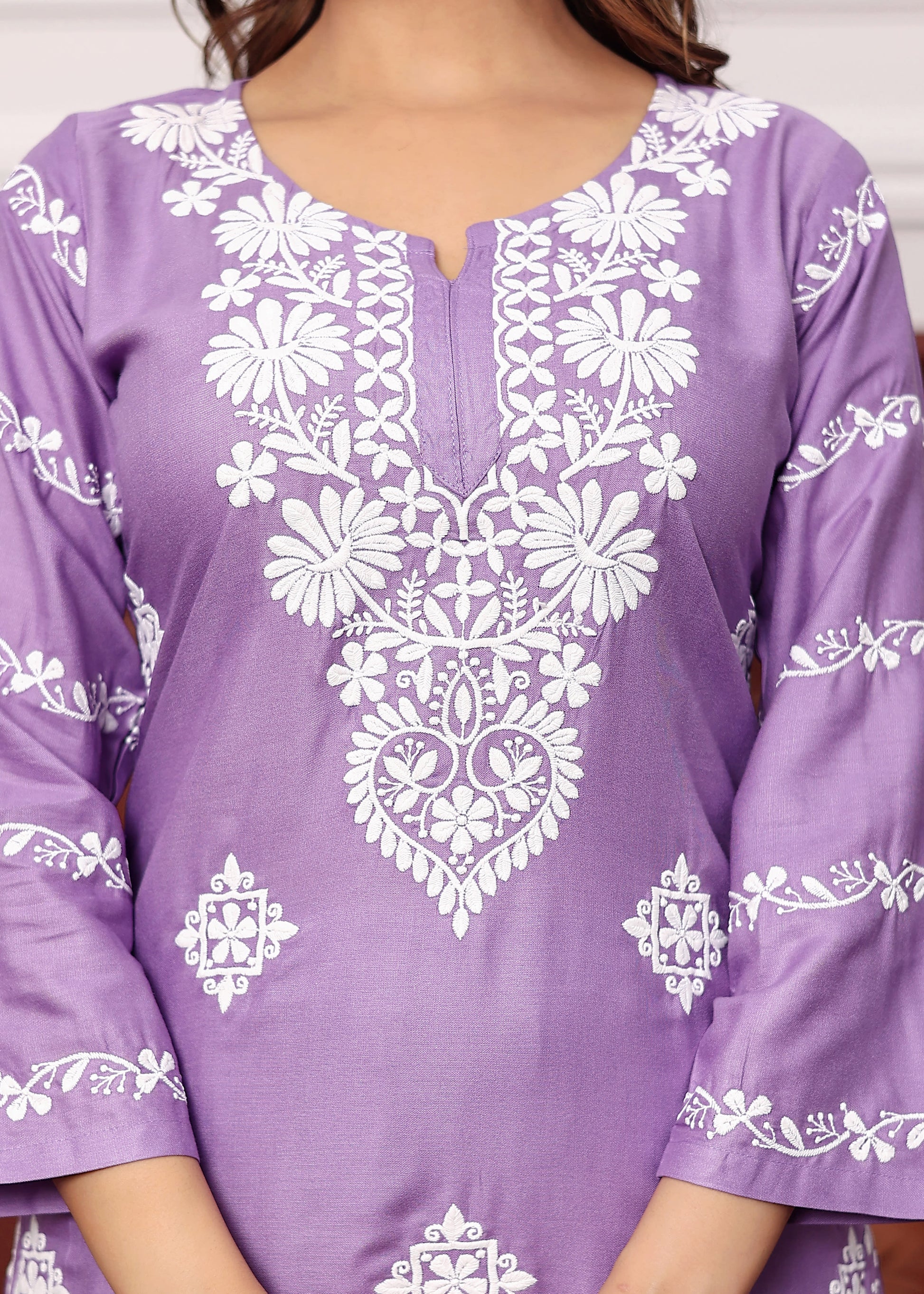 LIGHT PURPLE Women's rayon chikankari work straight kurta palazzo set for women
