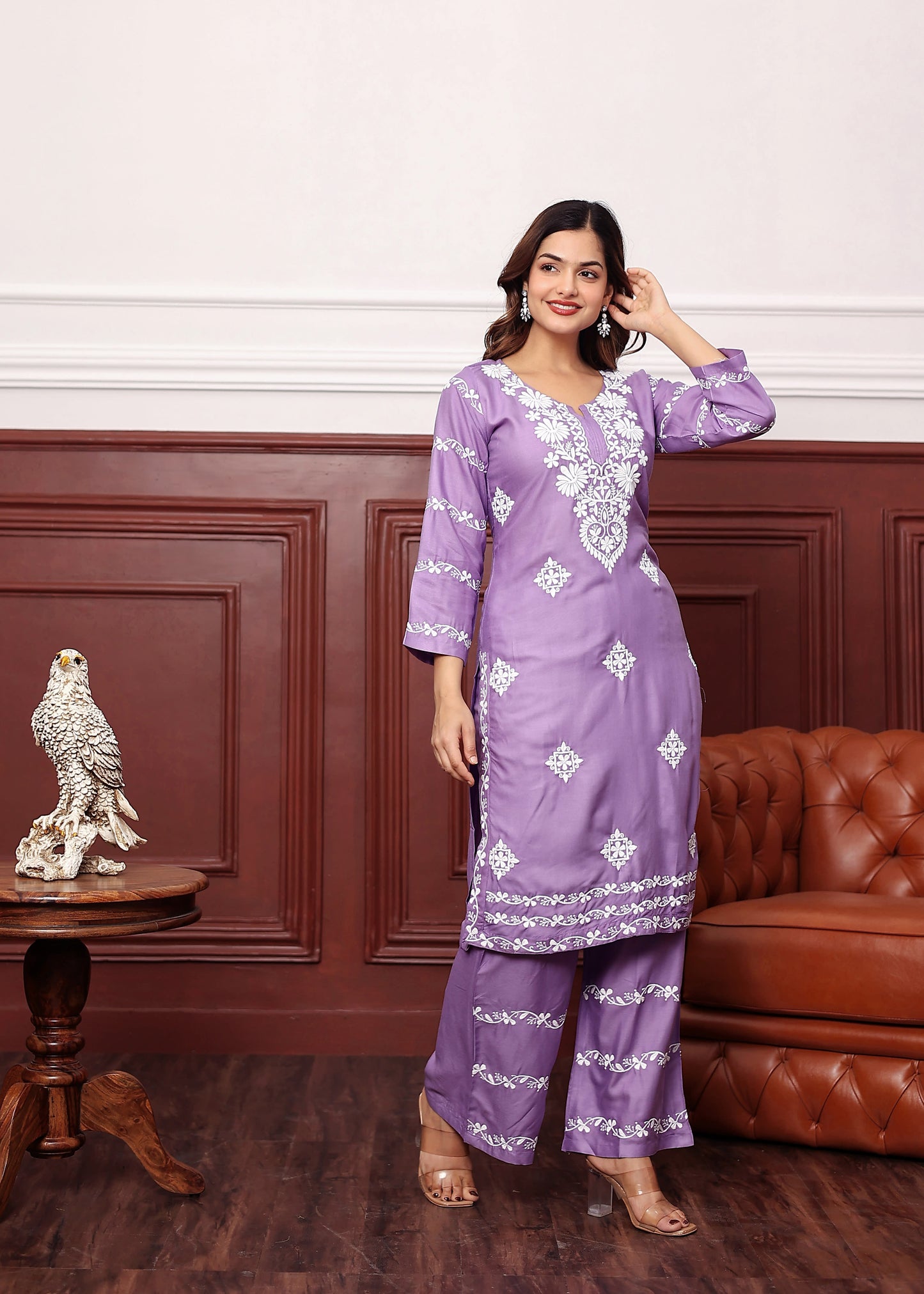LIGHT PURPLE Women's rayon chikankari work straight kurta palazzo set for women