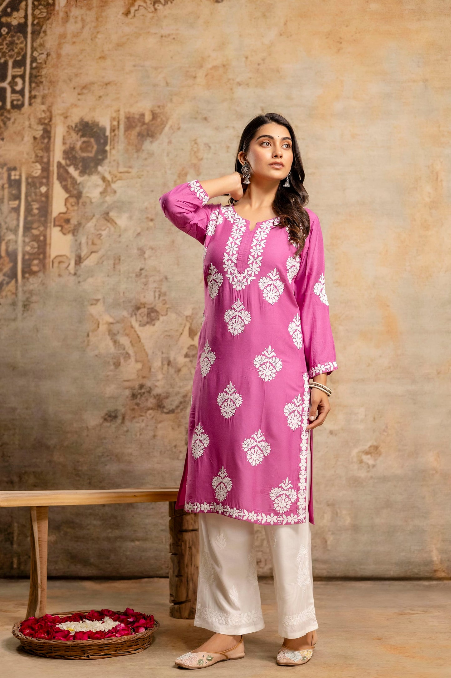 MAGENTA Floral Embroidered Round Neck Chikankari Straight Kurta with Palazzos