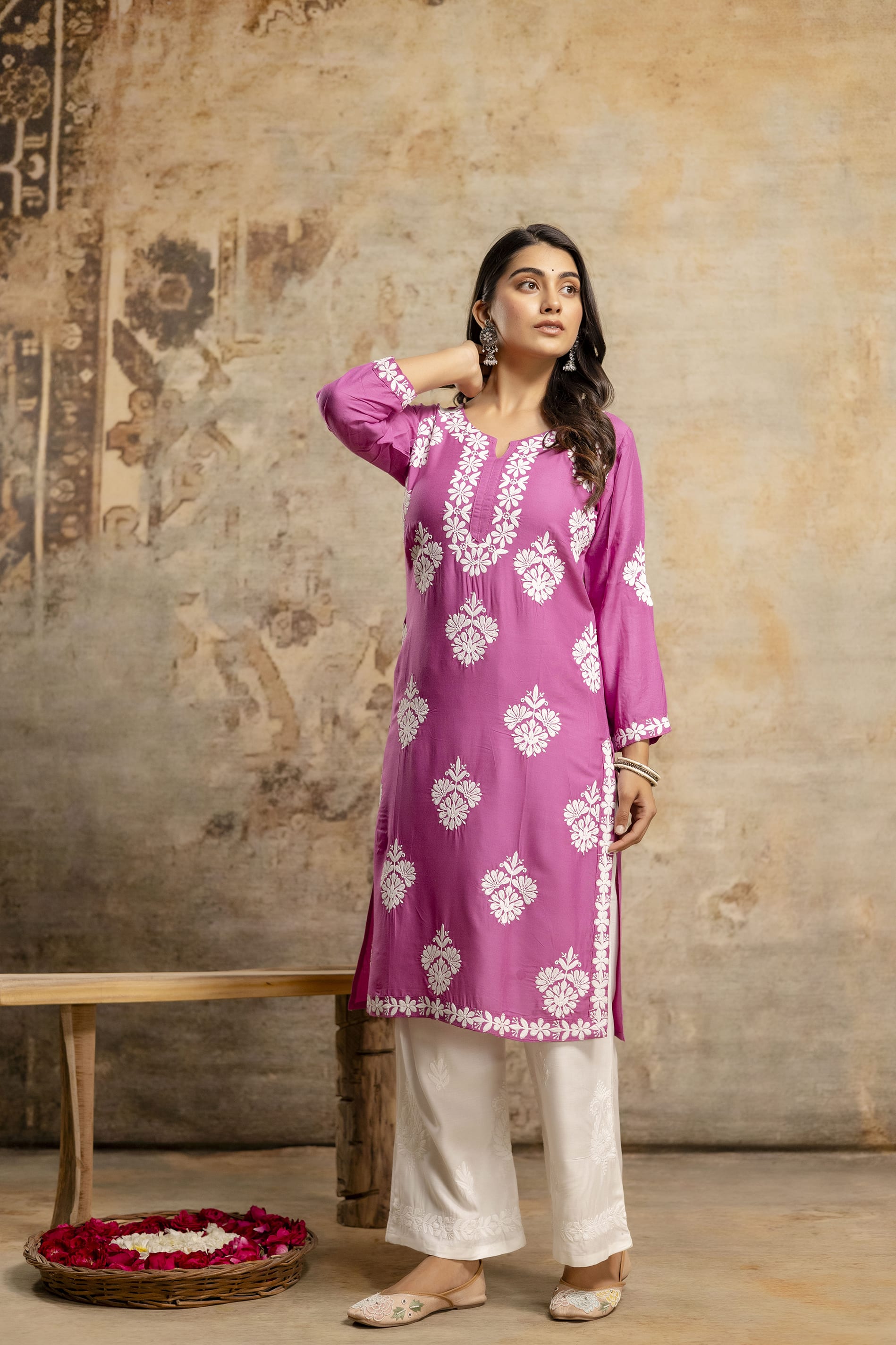 MAGENTA Floral Embroidered Round Neck Chikankari Straight Kurta with Palazzos