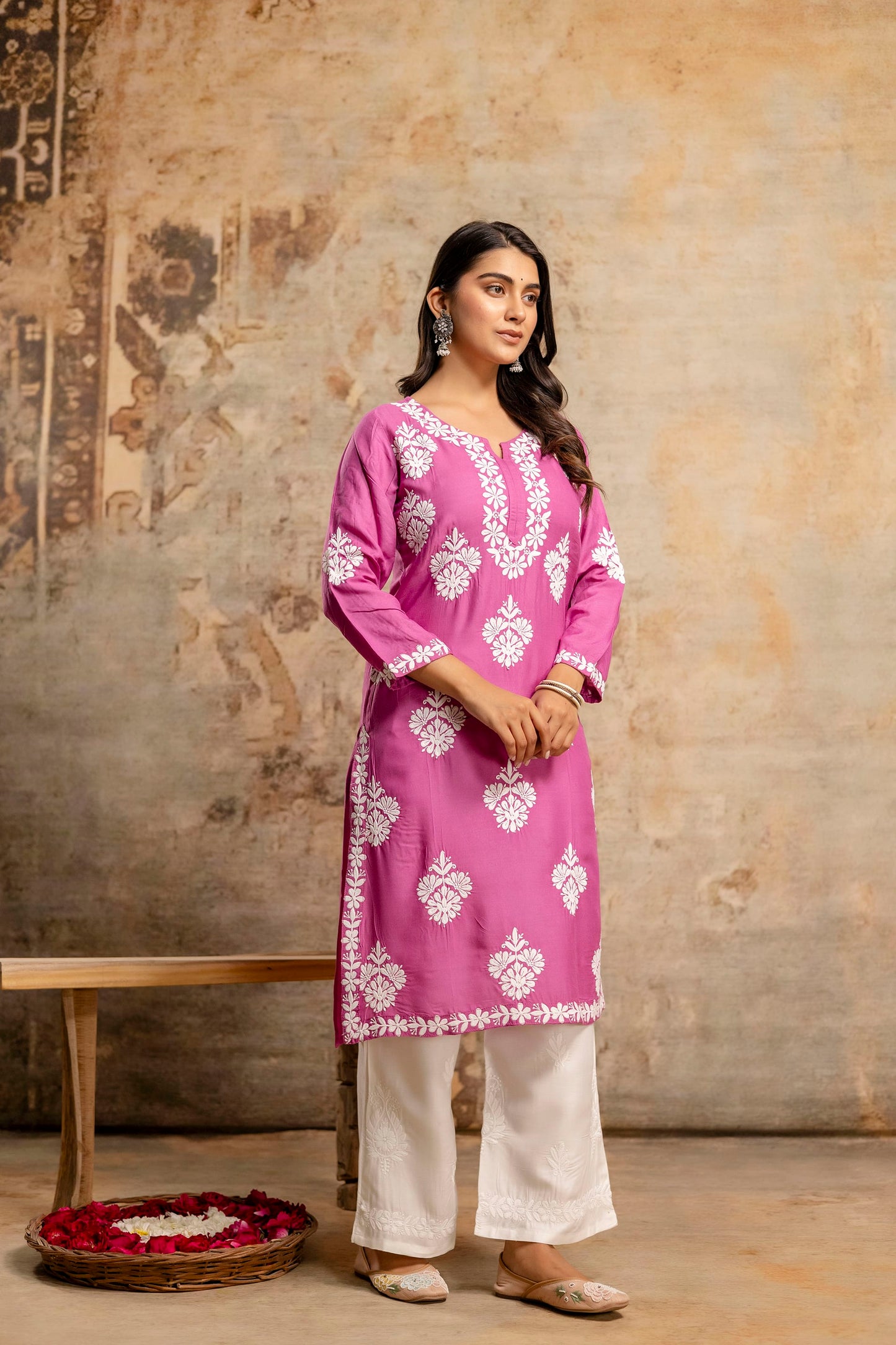 MAGENTA Floral Embroidered Round Neck Chikankari Straight Kurta with Palazzos