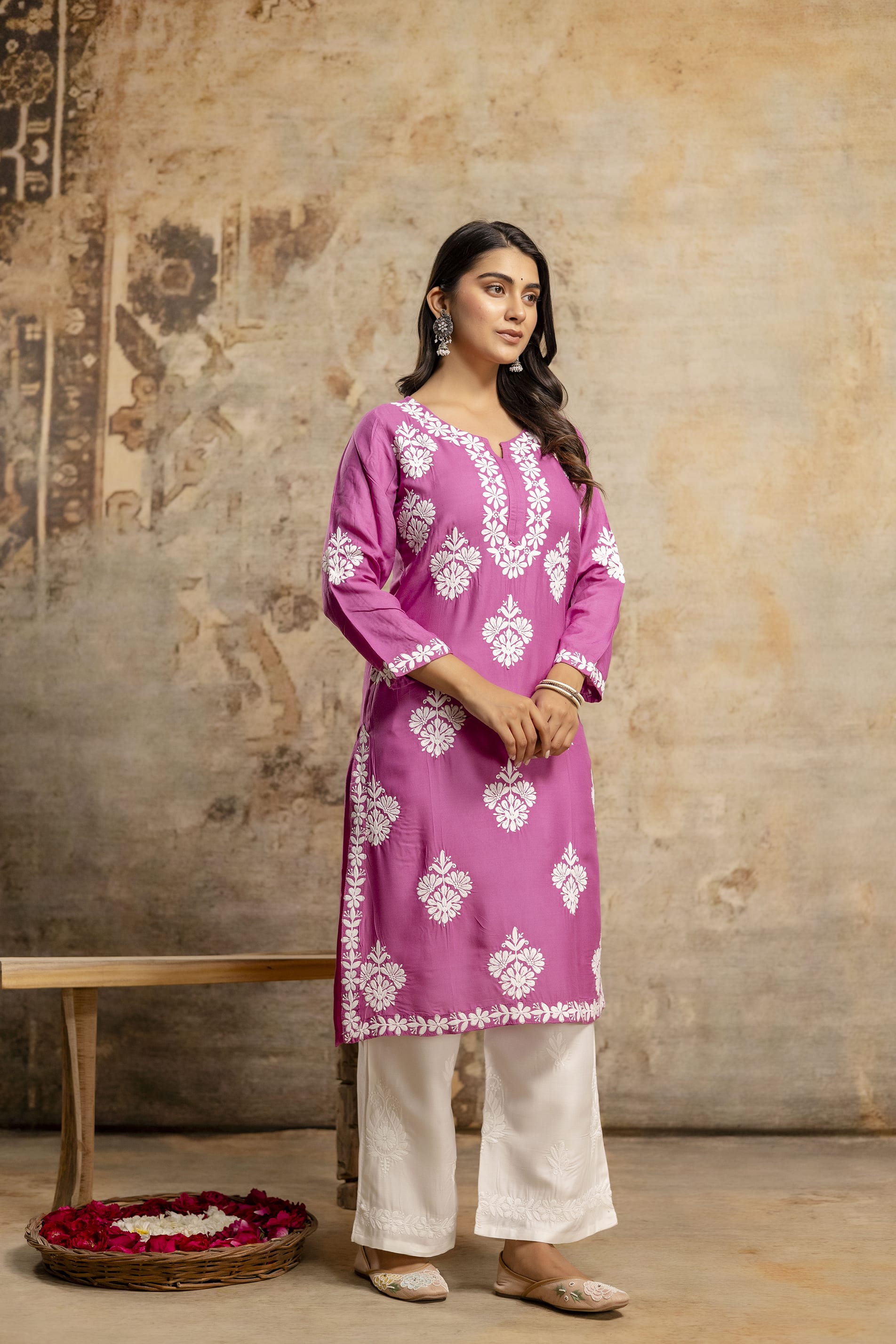 MAGENTA Floral Embroidered Round Neck Chikankari Straight Kurta with Palazzos