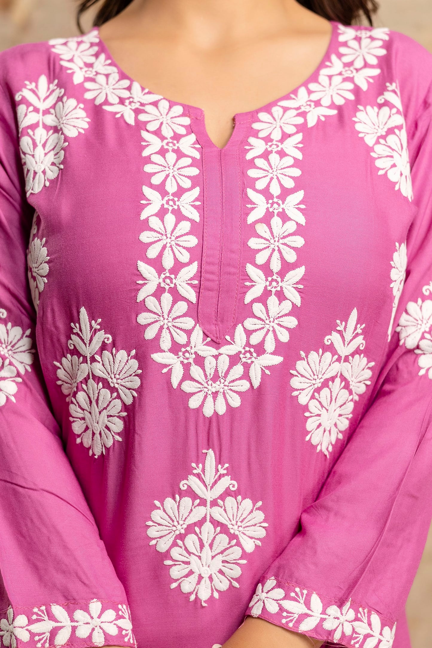 MAGENTA Floral Embroidered Round Neck Chikankari Straight Kurta with Palazzos