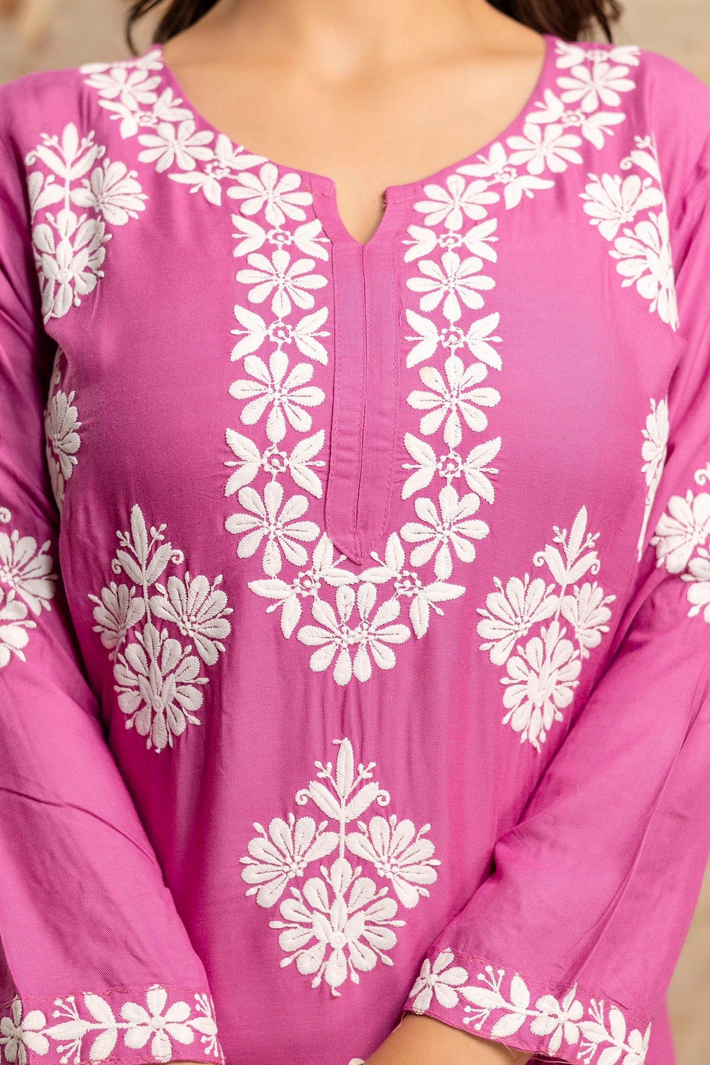 MAGENTA Floral Embroidered Round Neck Chikankari Straight Kurta with Palazzos