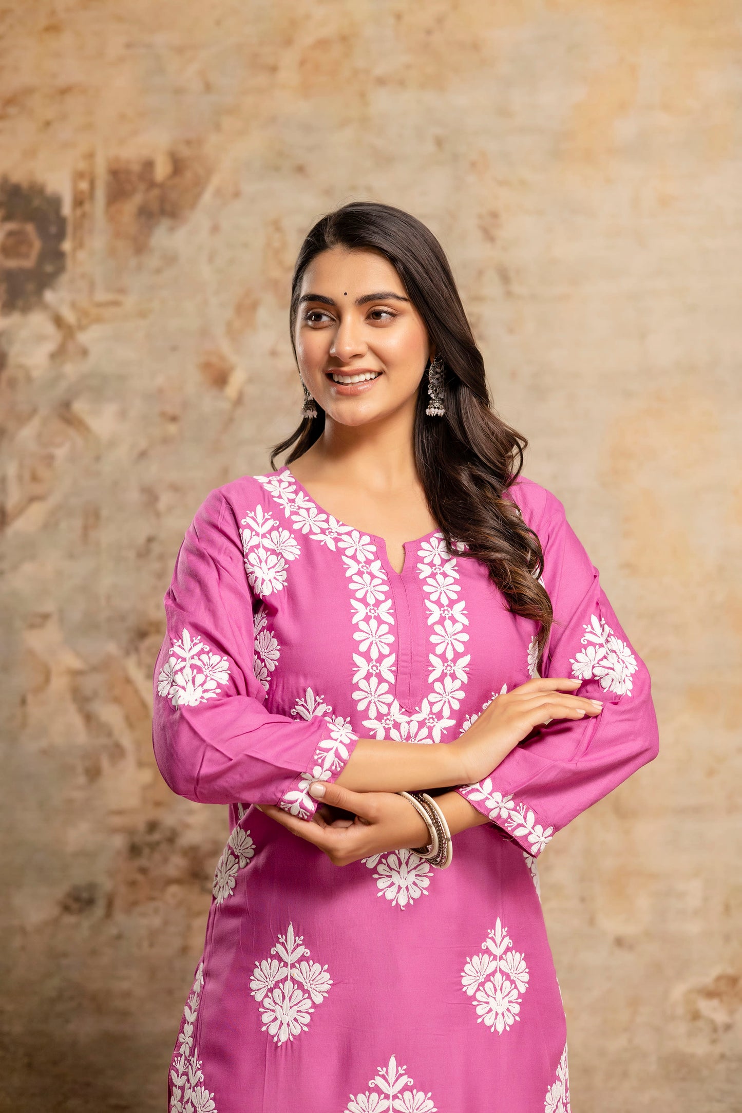 MAGENTA Floral Embroidered Round Neck Chikankari Straight Kurta with Palazzos