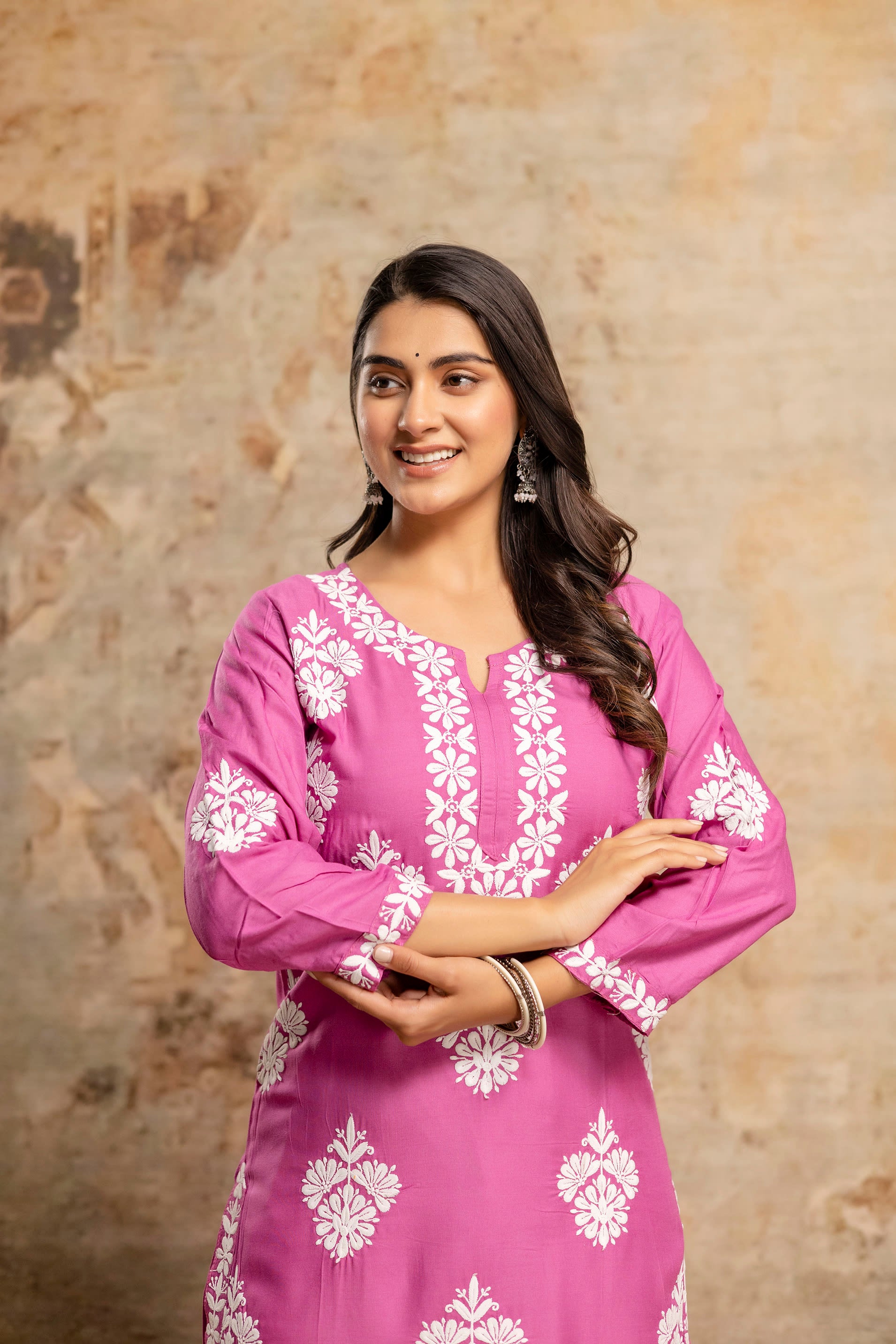 MAGENTA Floral Embroidered Round Neck Chikankari Straight Kurta with Palazzos