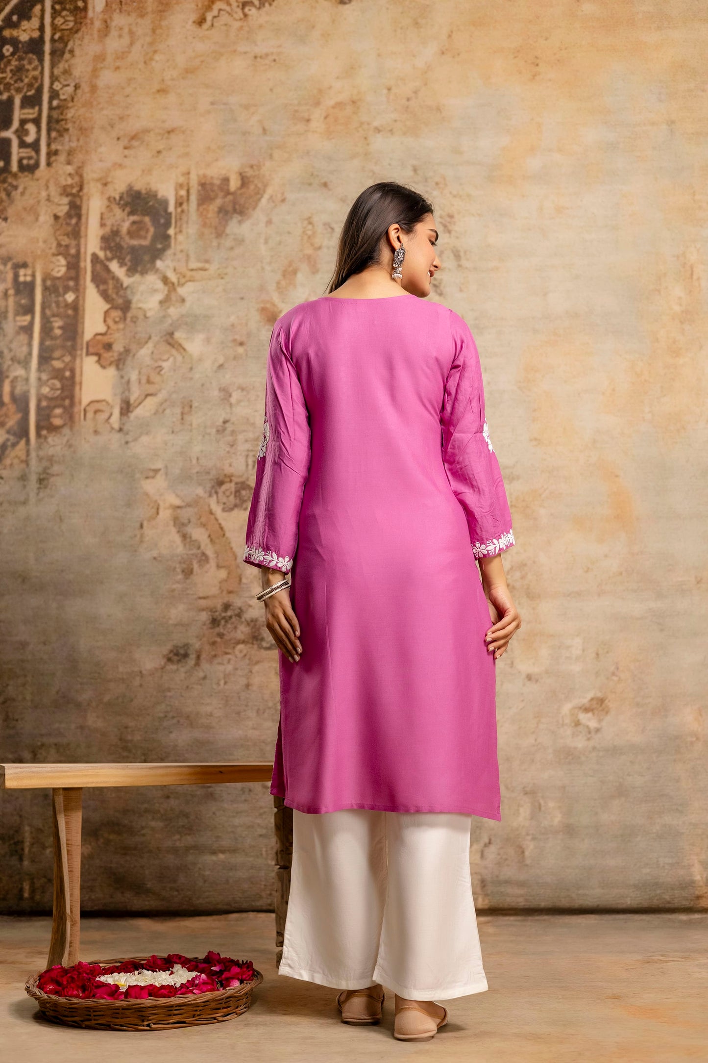 MAGENTA Floral Embroidered Round Neck Chikankari Straight Kurta with Palazzos