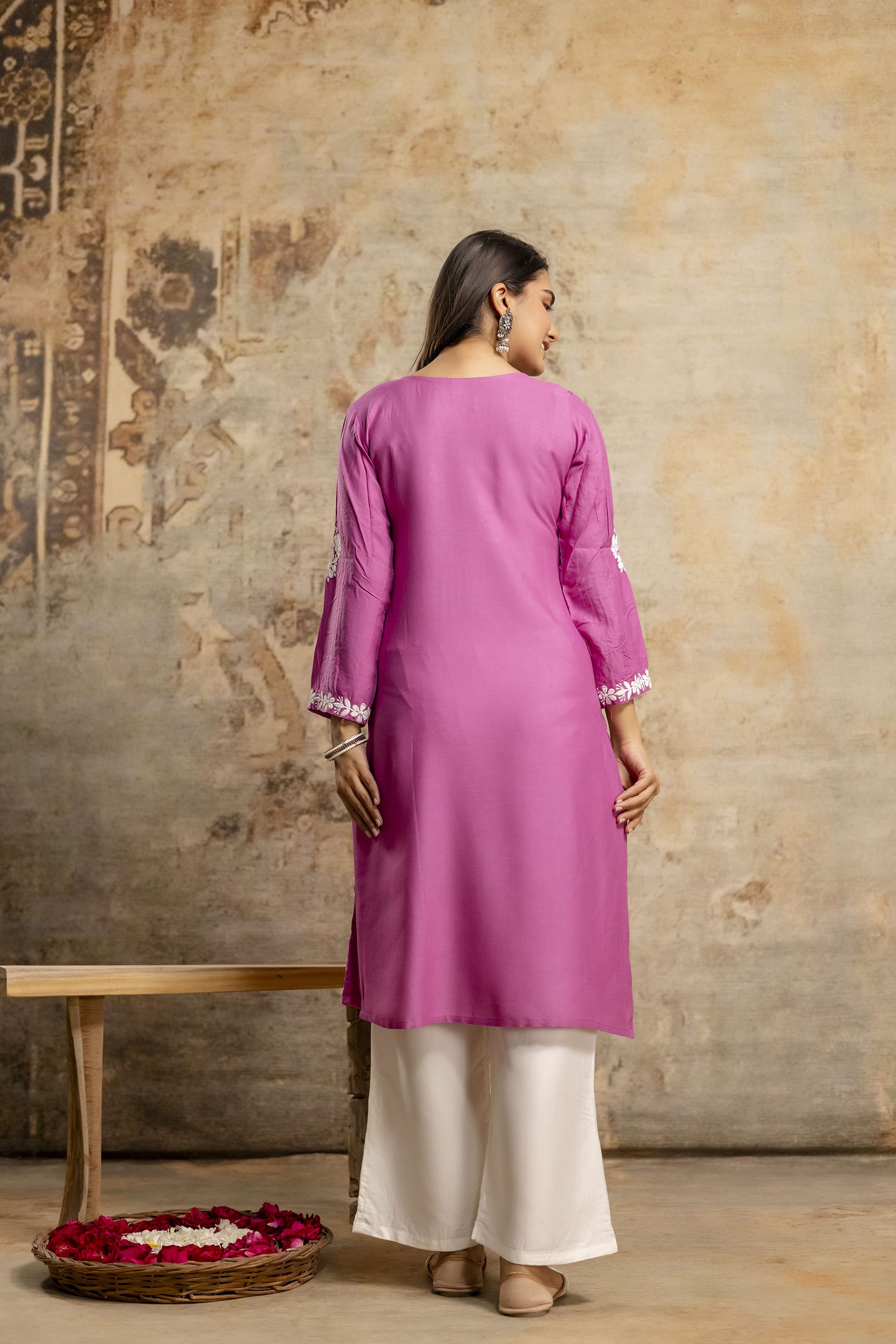 MAGENTA Floral Embroidered Round Neck Chikankari Straight Kurta with Palazzos