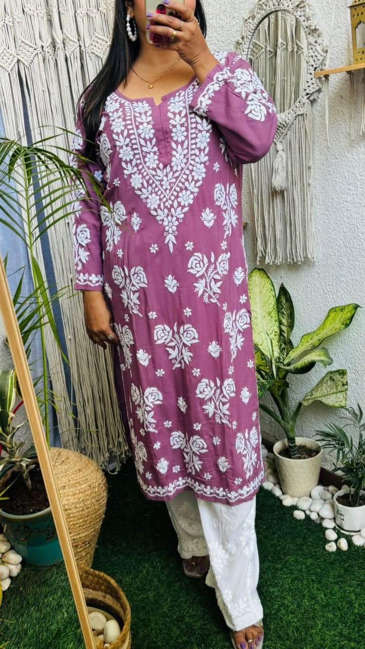 MAGENTA PURE RAYON ROSE MODAL KURTI WITH HEAVY WORK ON DAMAN AND SLEEVES AND PLAZZO SET