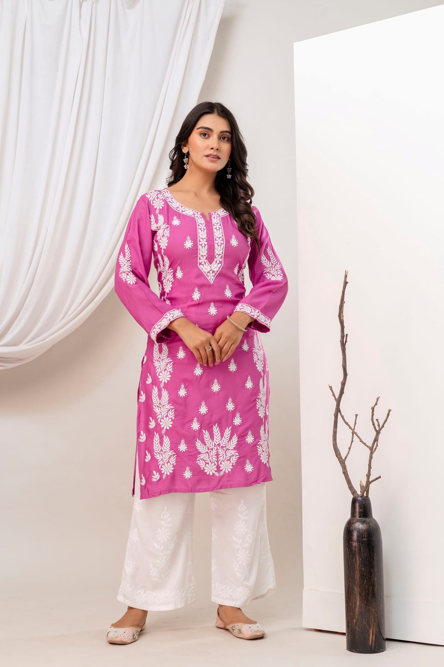MAGENTA Women Embroidered Chikankari Modal Kurta Set