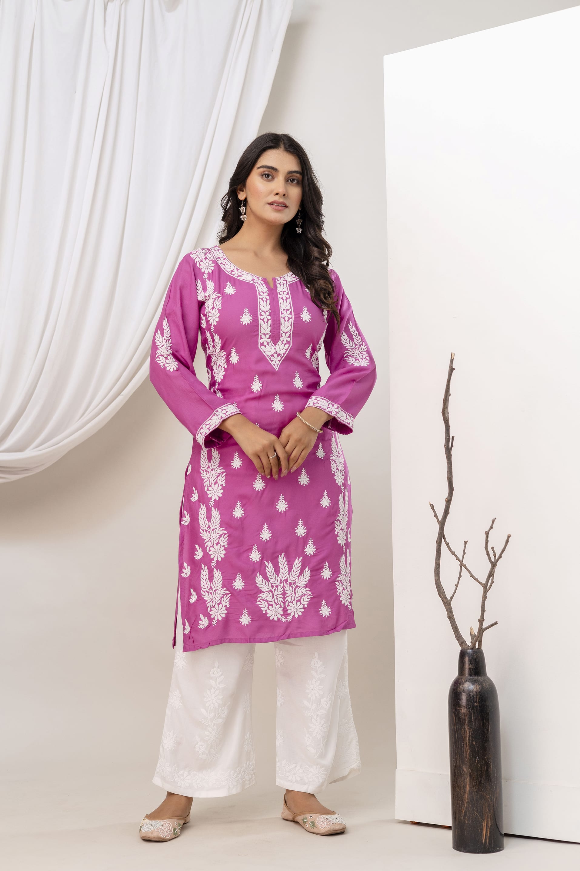 MAGENTA Women Embroidered Chikankari Modal Kurta Set