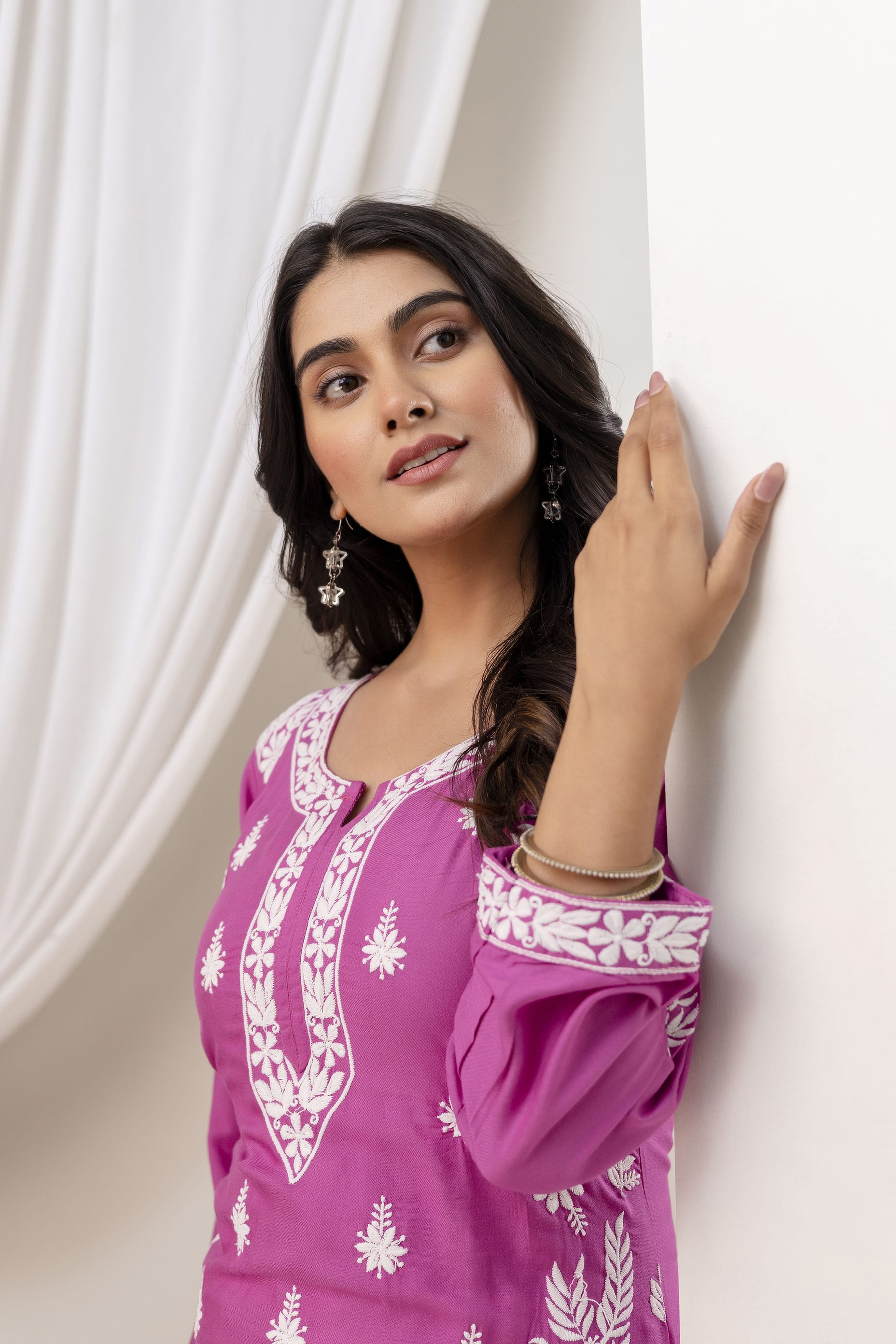 MAGENTA Women Embroidered Chikankari Modal Kurta Set