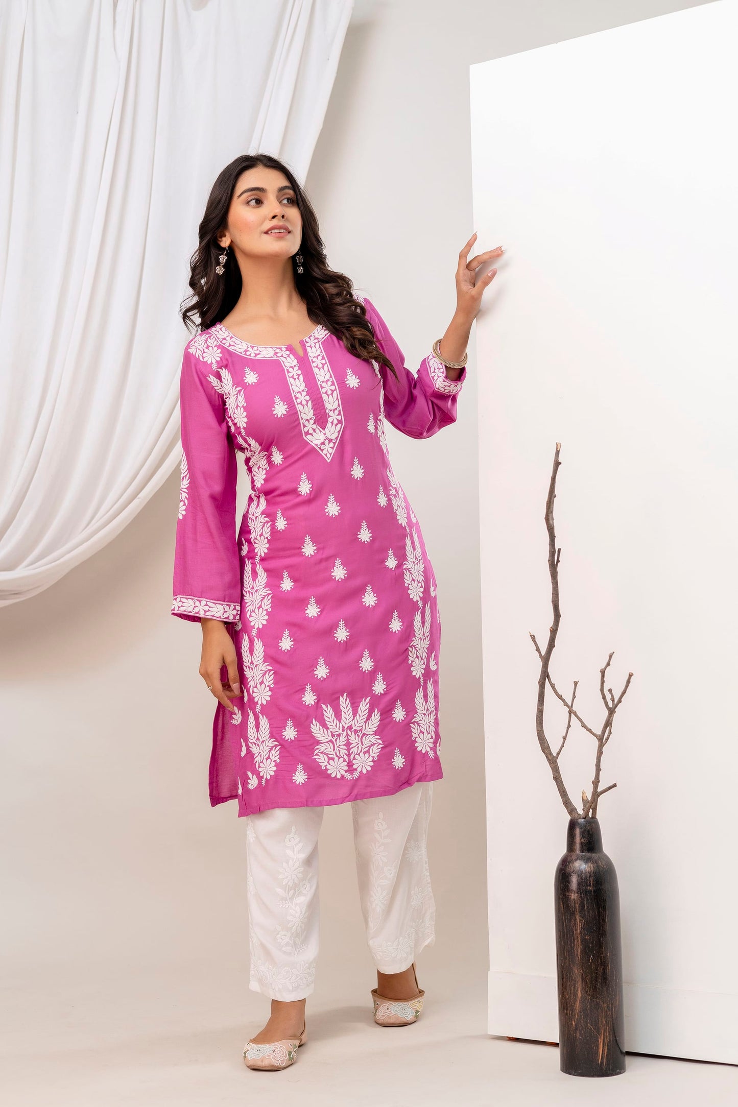 MAGENTA Women Embroidered Chikankari Modal Kurta Set