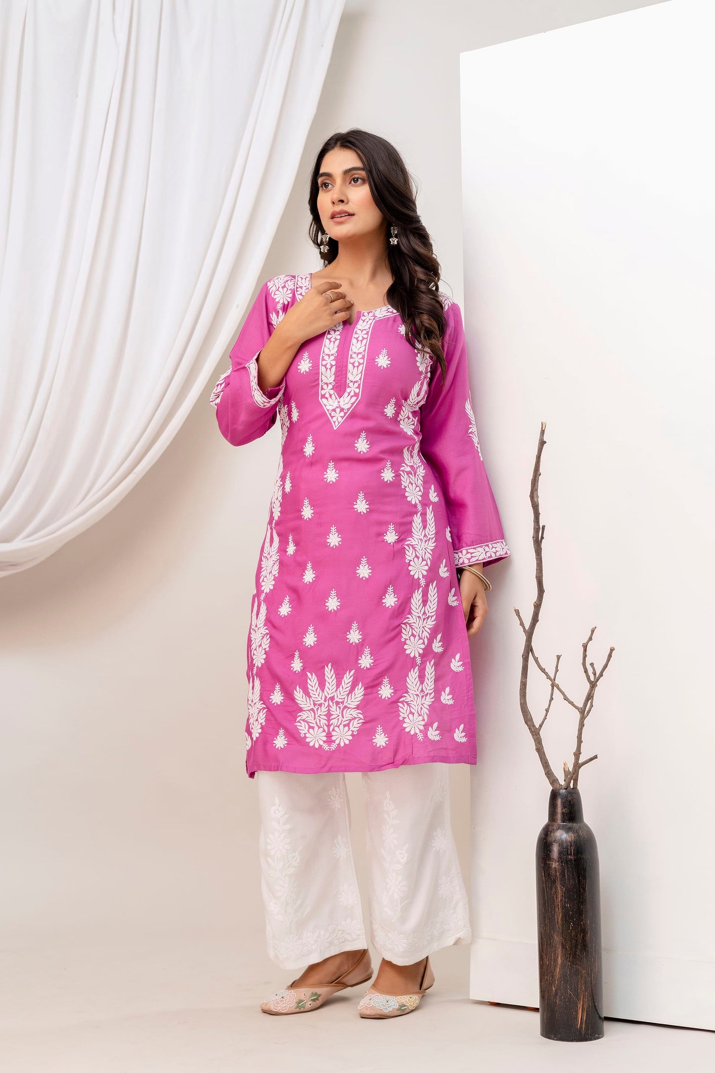 MAGENTA Women Embroidered Chikankari Modal Kurta Set