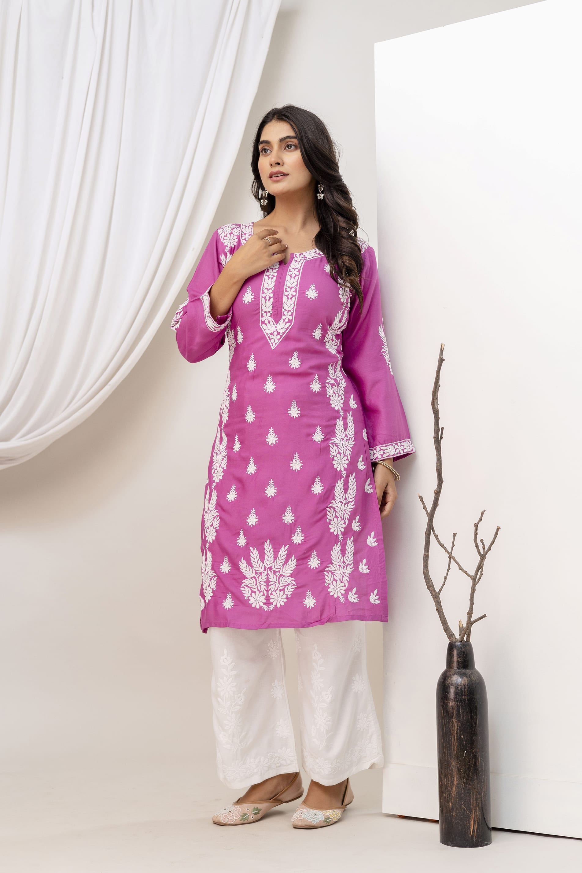 MAGENTA Women Embroidered Chikankari Modal Kurta Set