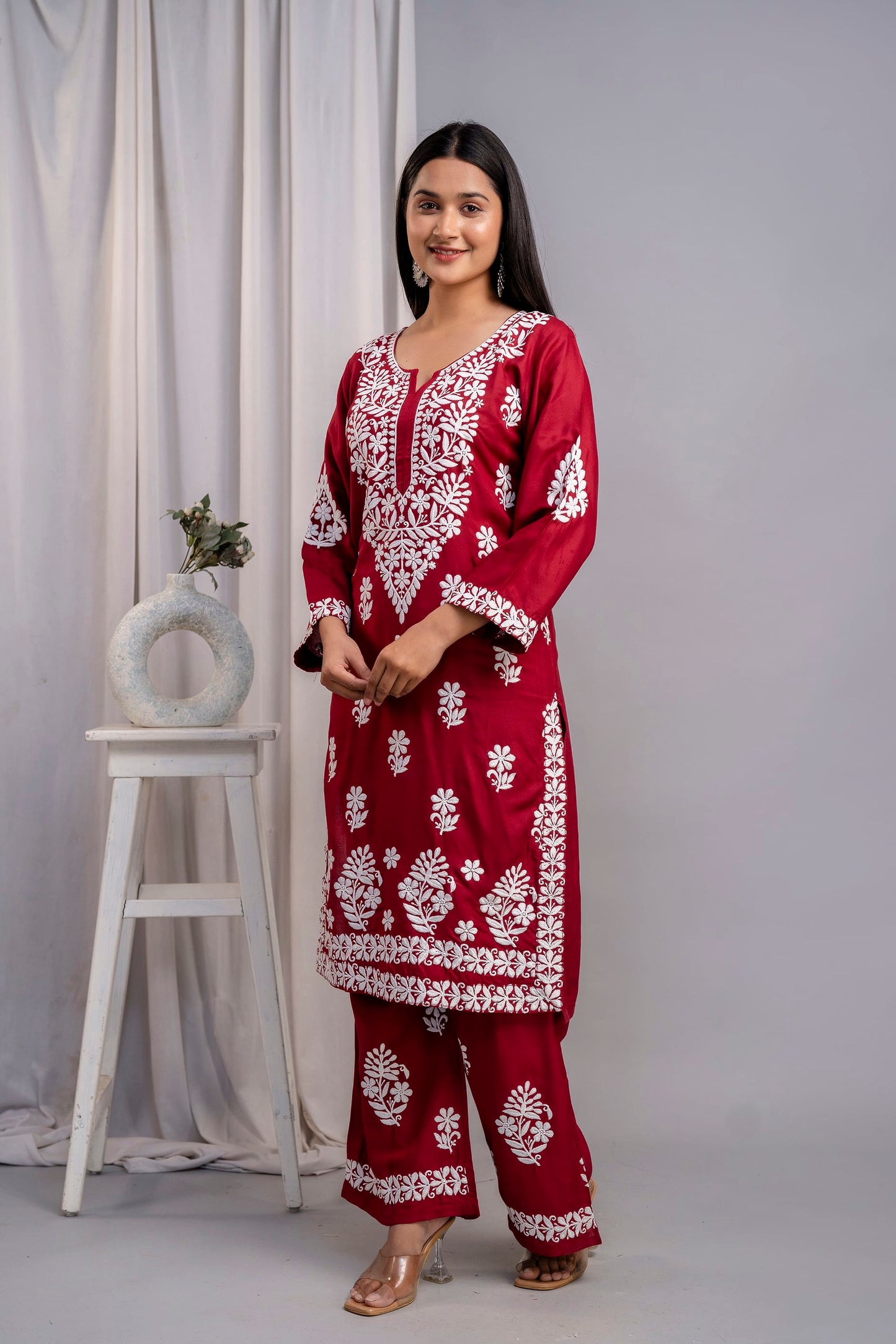 MAROON Chikankari Kurti and Plazzo Set for Girls and Women (Modal Kurti)