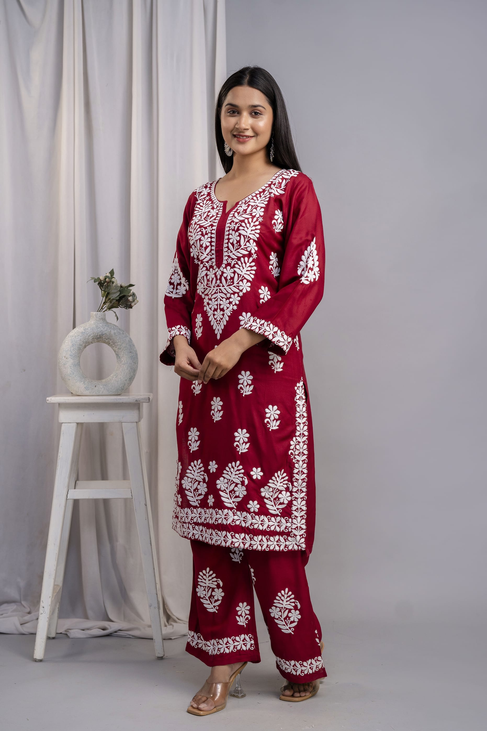 MAROON Chikankari Kurti and Plazzo Set for Girls and Women (Modal Kurti)