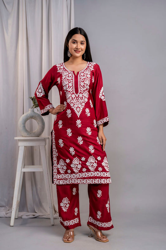 MAROON Chikankari Kurti and Plazzo Set for Girls and Women (Modal Kurti)