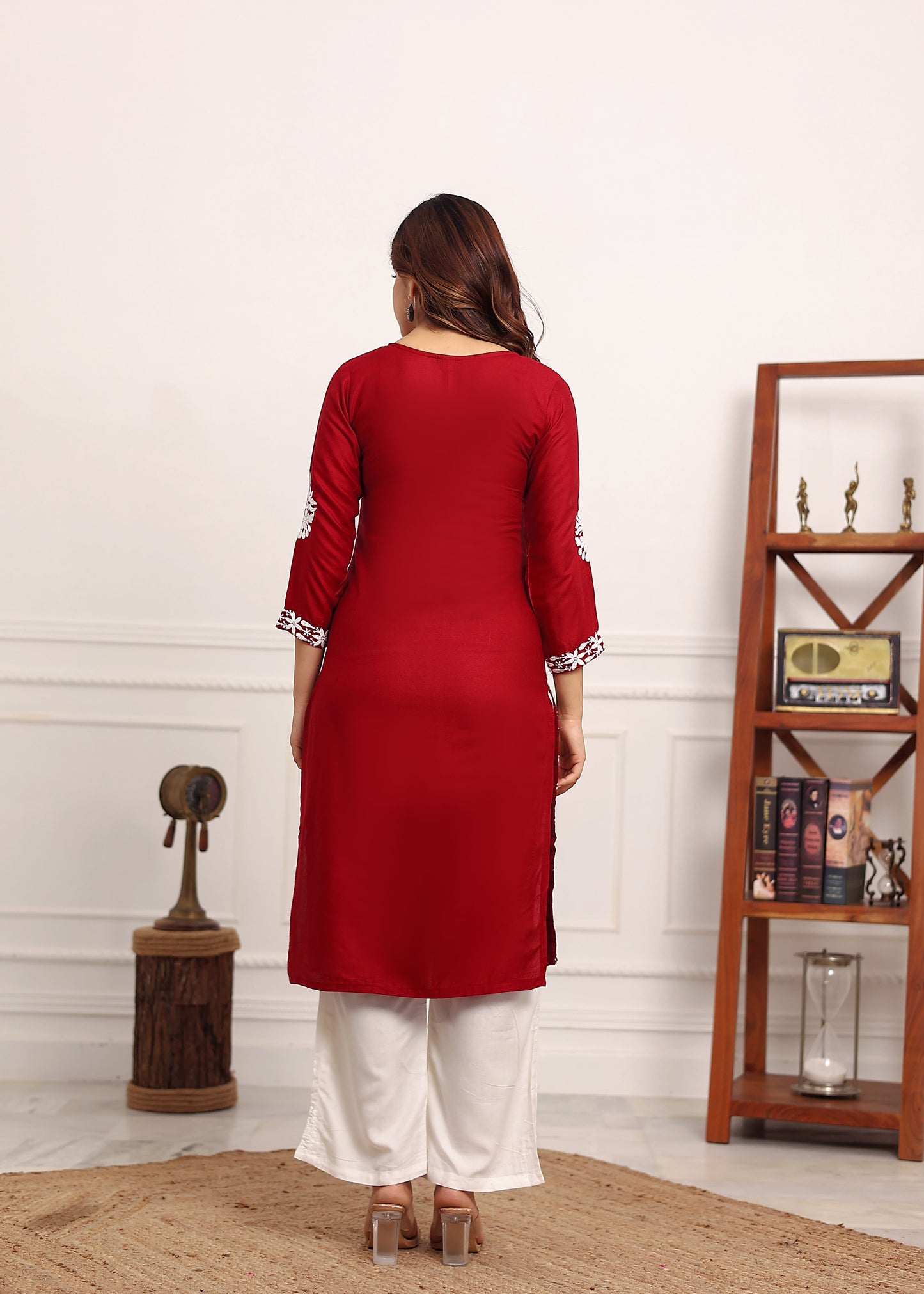 MAROON Elegant Chikankari Below Knee Length Kurti Plazo Set Perfect For All Occasion
