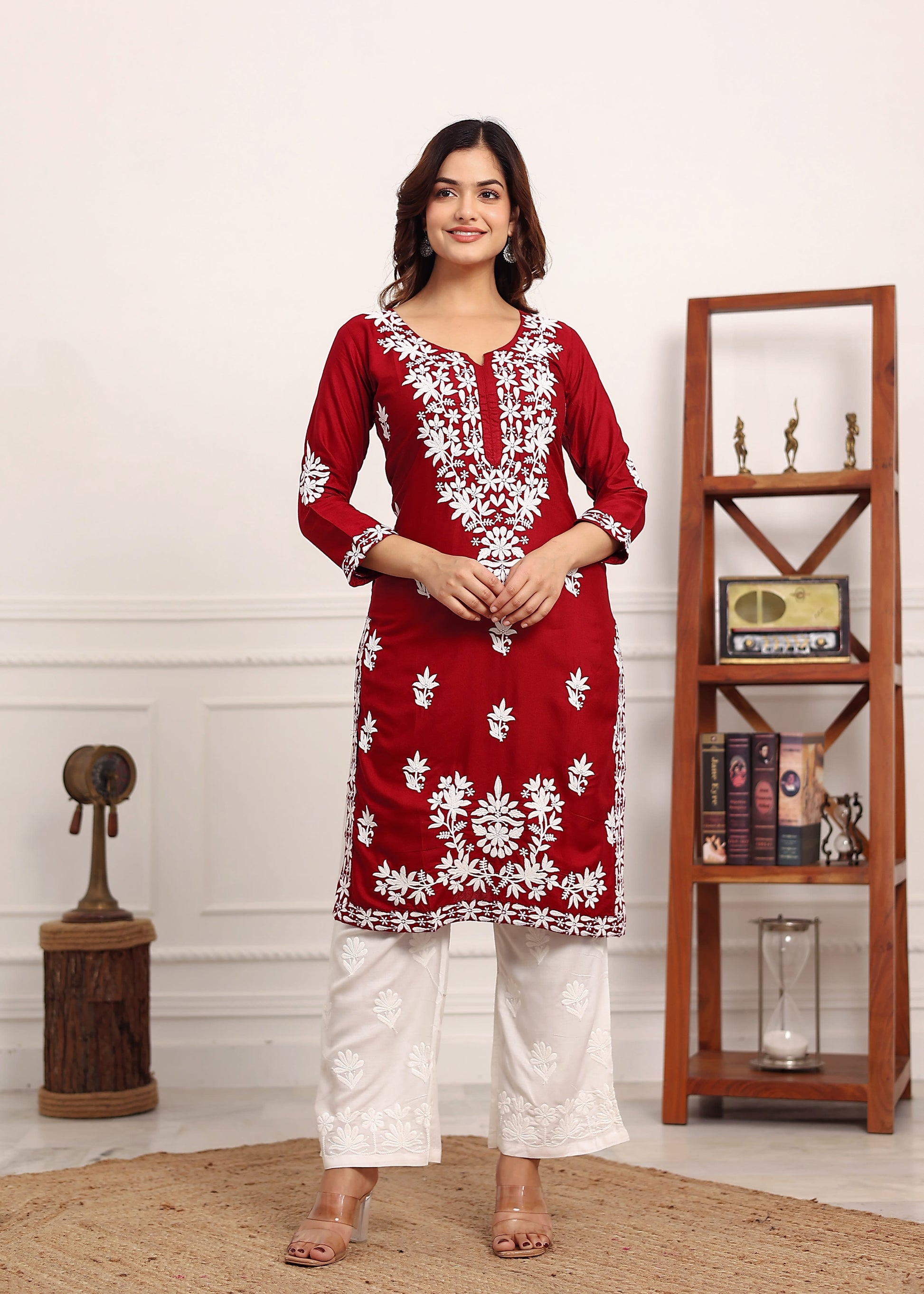 MAROON Elegant Chikankari Below Knee Length Kurti Plazo Set Perfect For All Occasion