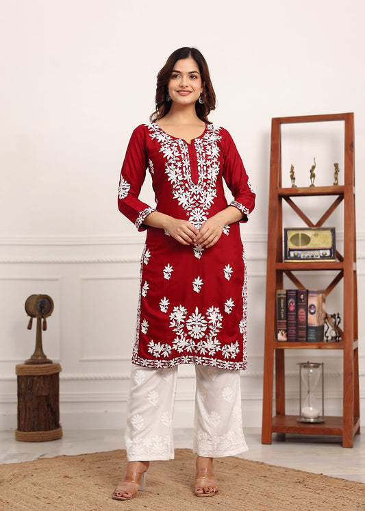 MAROON Elegant Chikankari Below Knee Length Kurti Plazo Set Perfect For All Occasion