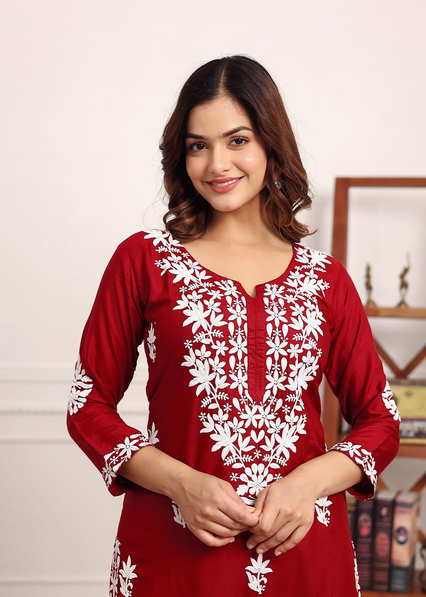 MAROON Elegant Chikankari Below Knee Length Kurti Plazo Set Perfect For All Occasion