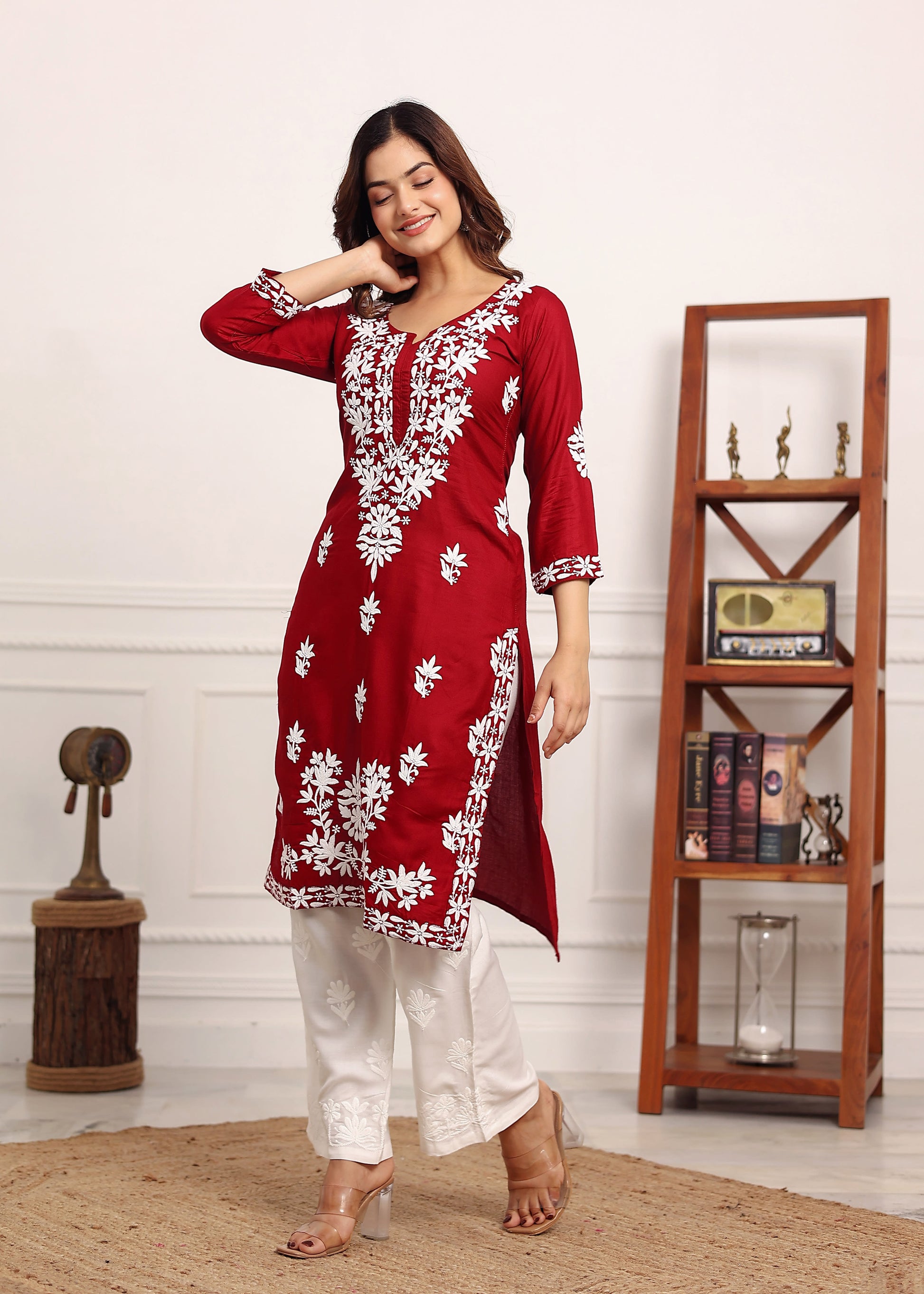 MAROON Elegant Chikankari Below Knee Length Kurti Plazo Set Perfect For All Occasion