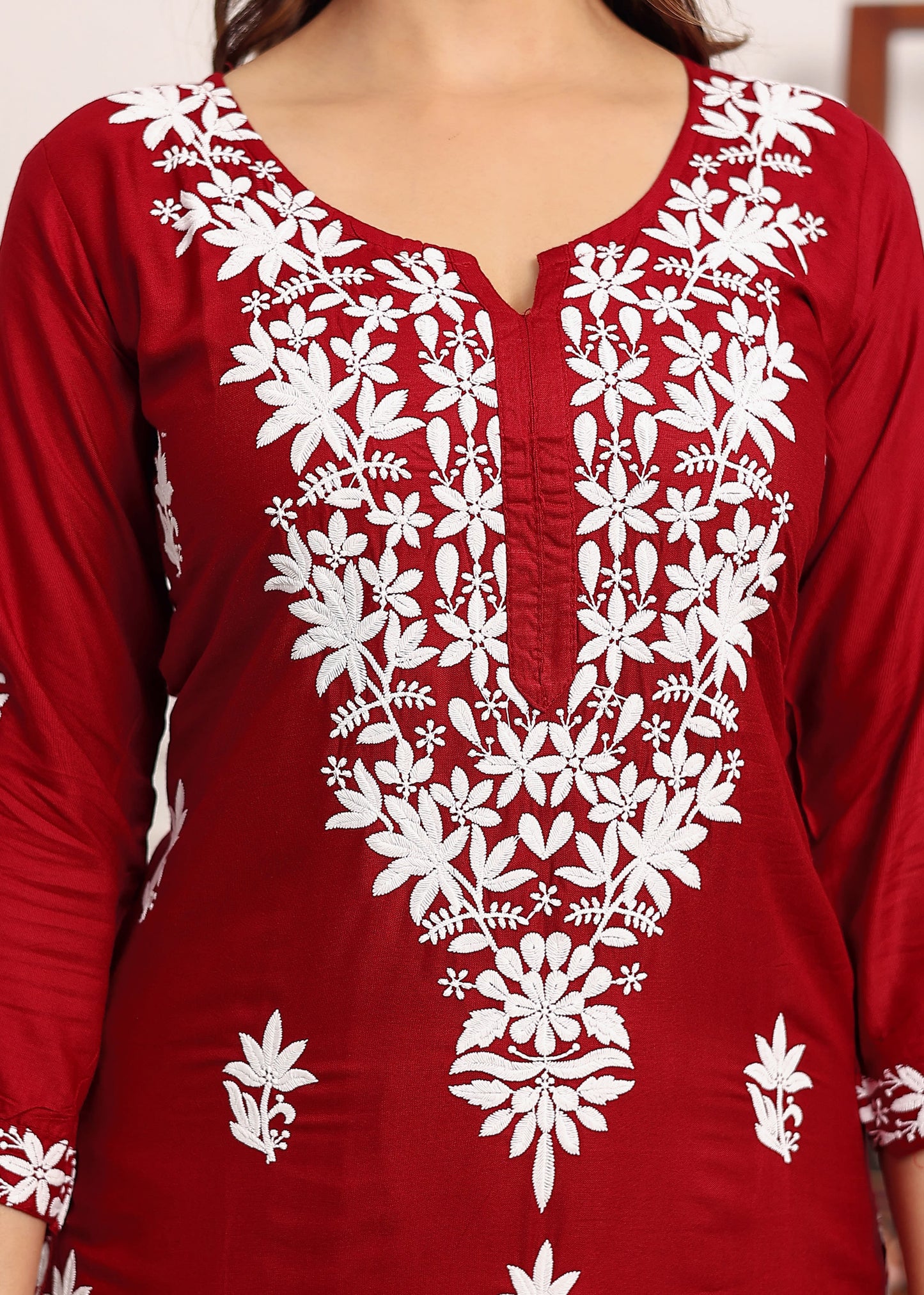 MAROON Elegant Chikankari Below Knee Length Kurti Plazo Set Perfect For All Occasion