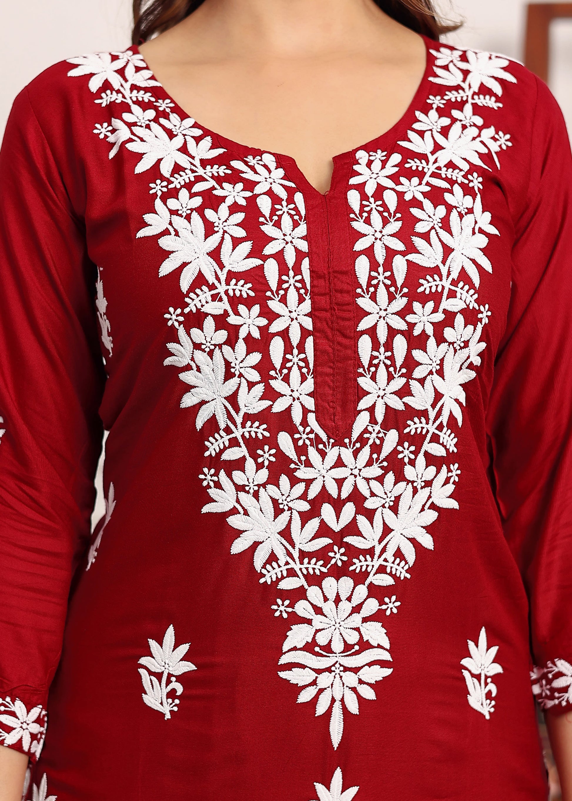 MAROON Elegant Chikankari Below Knee Length Kurti Plazo Set Perfect For All Occasion