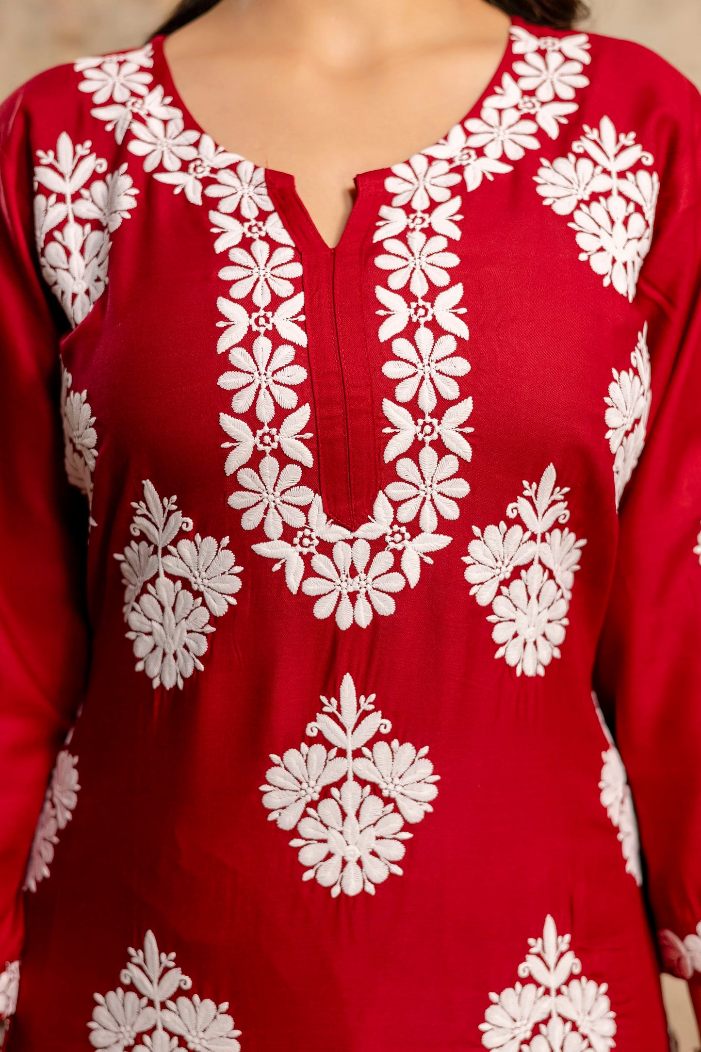 MAROON Floral Embroidered Round Neck Chikankari Straight Kurta with Palazzos