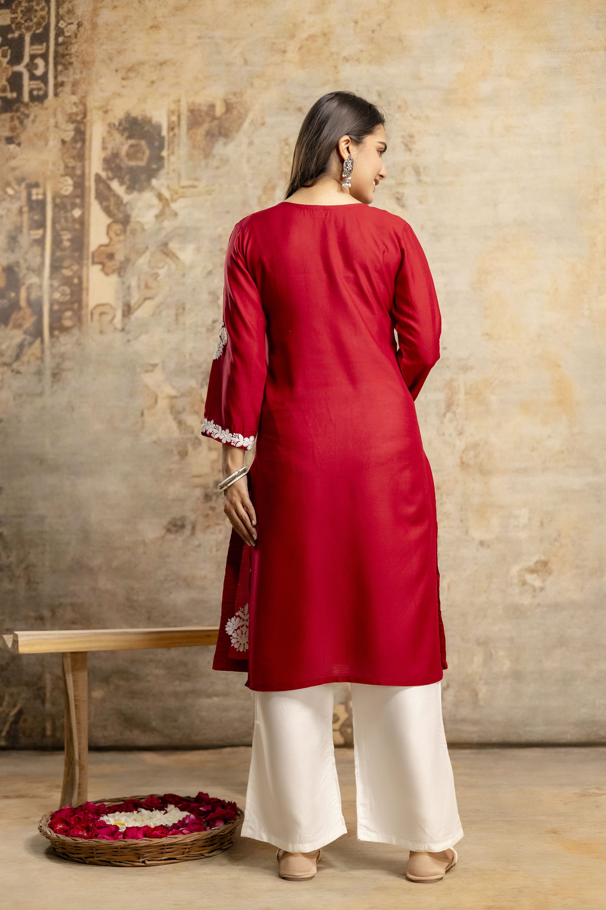 MAROON Floral Embroidered Round Neck Chikankari Straight Kurta with Palazzos