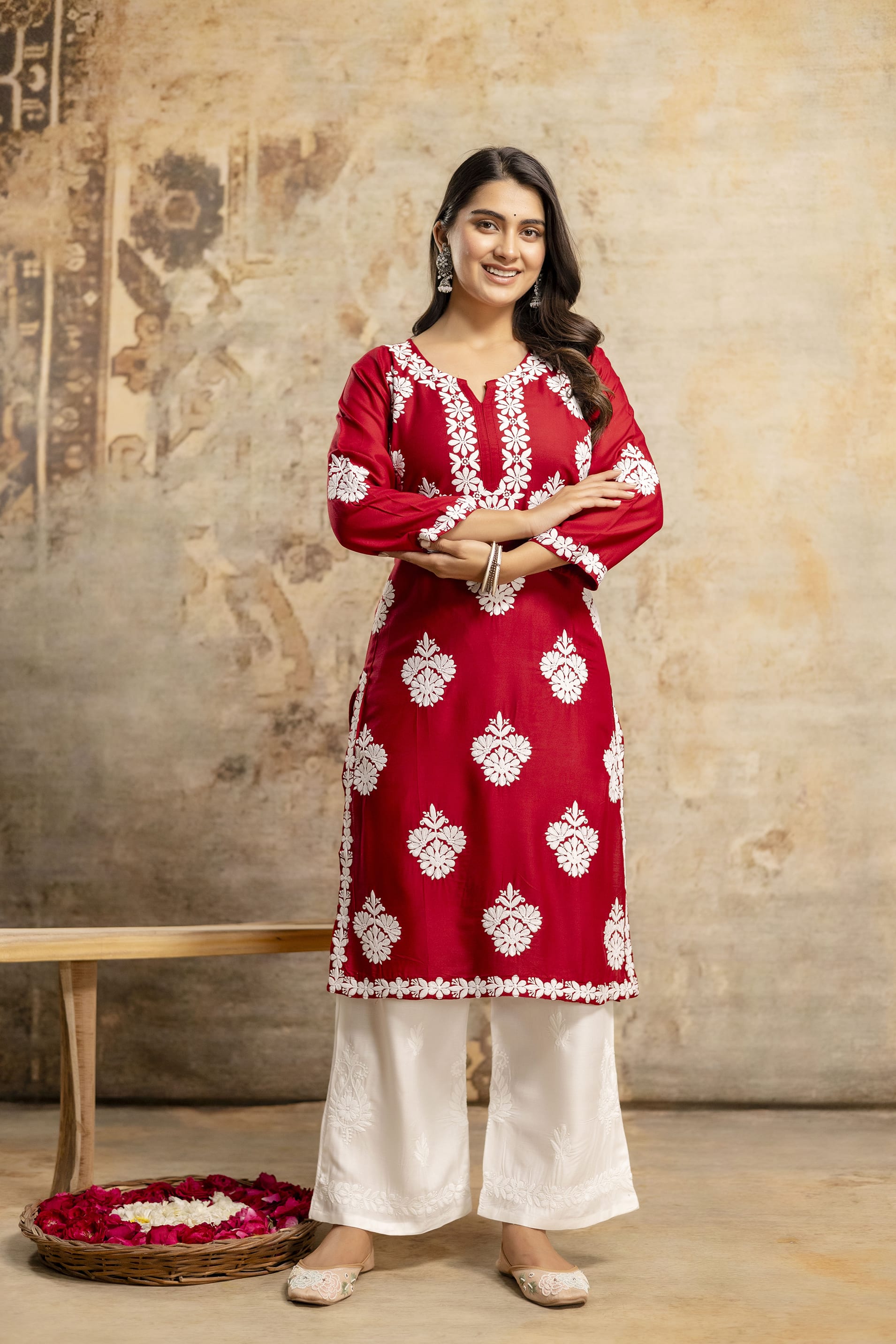 MAROON Floral Embroidered Round Neck Chikankari Straight Kurta with Palazzos