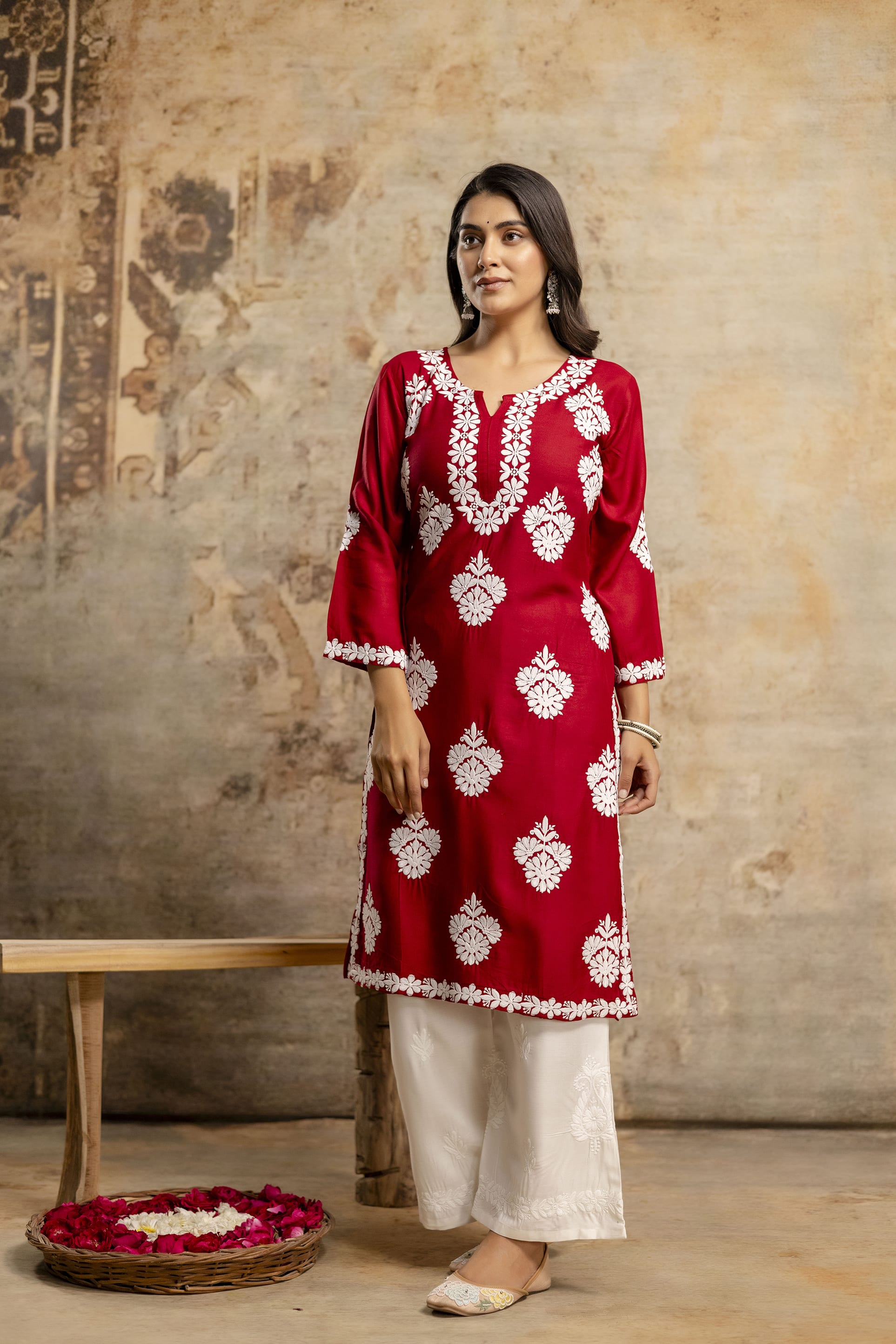 MAROON Floral Embroidered Round Neck Chikankari Straight Kurta with Palazzos