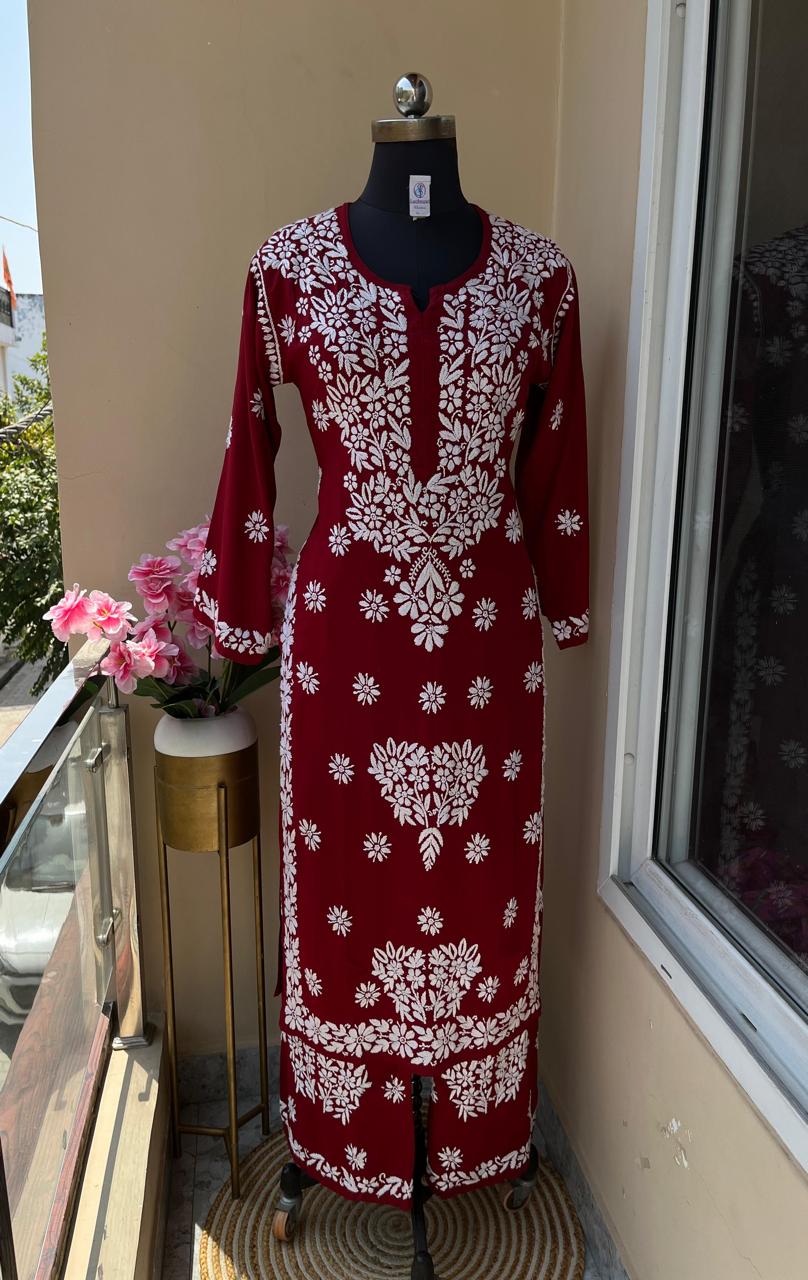 MAROON Long Chikankari Work Latest Rayon kurti wirh plazo set