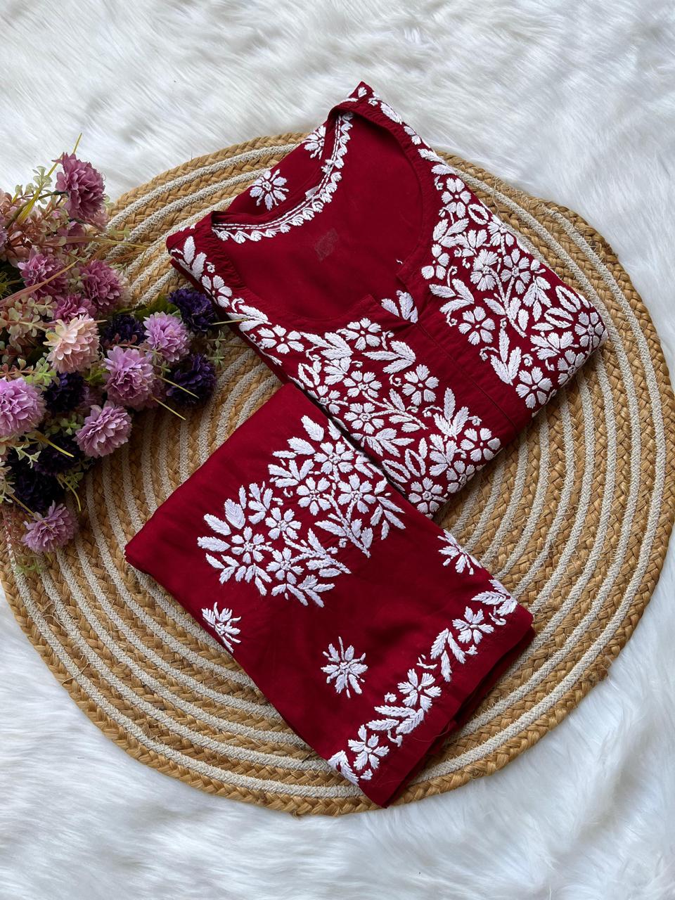 MAROON Long Chikankari Work Latest Rayon kurti wirh plazo set