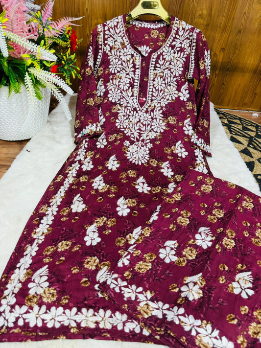 MAROON Lucknowi Chikankari Premium Mal Mal Latest Print Design Plazo Set