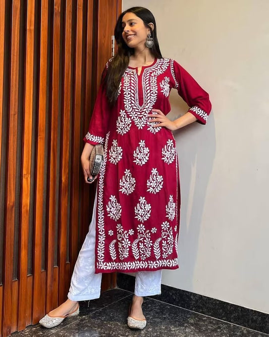 MAROON FANCY BEAUTIFUL CHIKANKARI WORK DESIGN KURTI AND PLAZZO SET