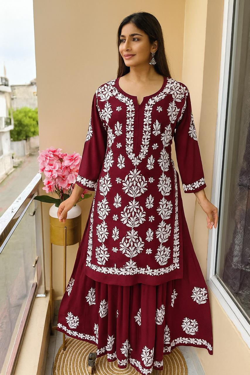 MAROON NEW STYLISH KURTA AND SARARA SET