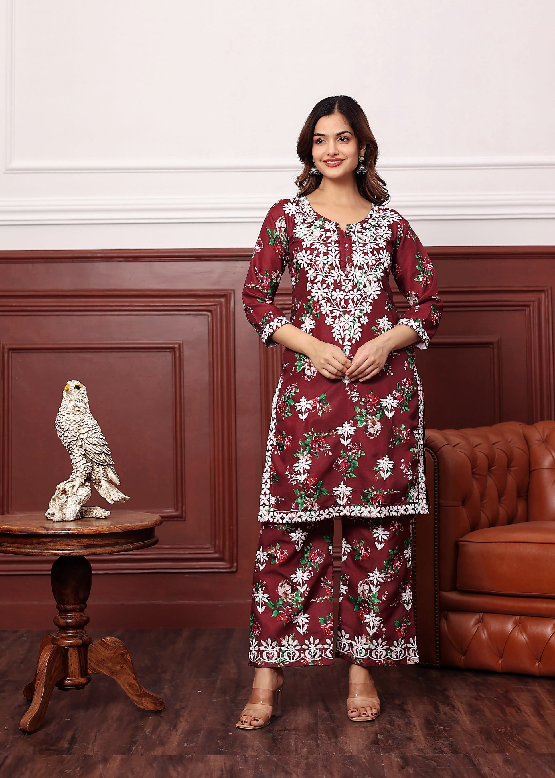 MAROON New Printed Chikankari Kurti Set for Women