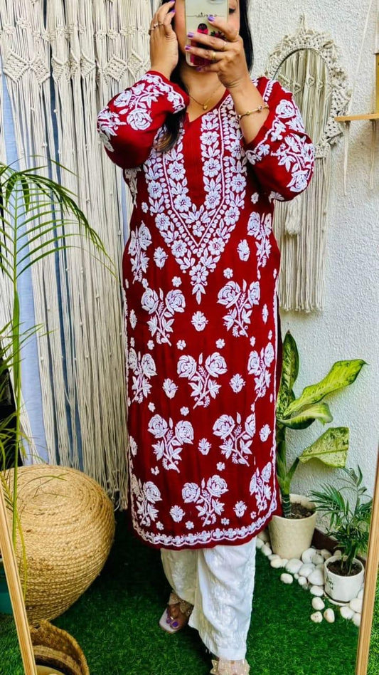 MAROON PURE RAYON ROSE MODAL KURTI WITH HEAVY WORK ON DAMAN AND SLEEVES AND PLAZZO SET