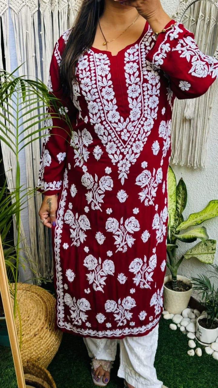 MAROON PURE RAYON ROSE MODAL KURTI WITH HEAVY WORK ON DAMAN AND SLEEVES AND PLAZZO SET