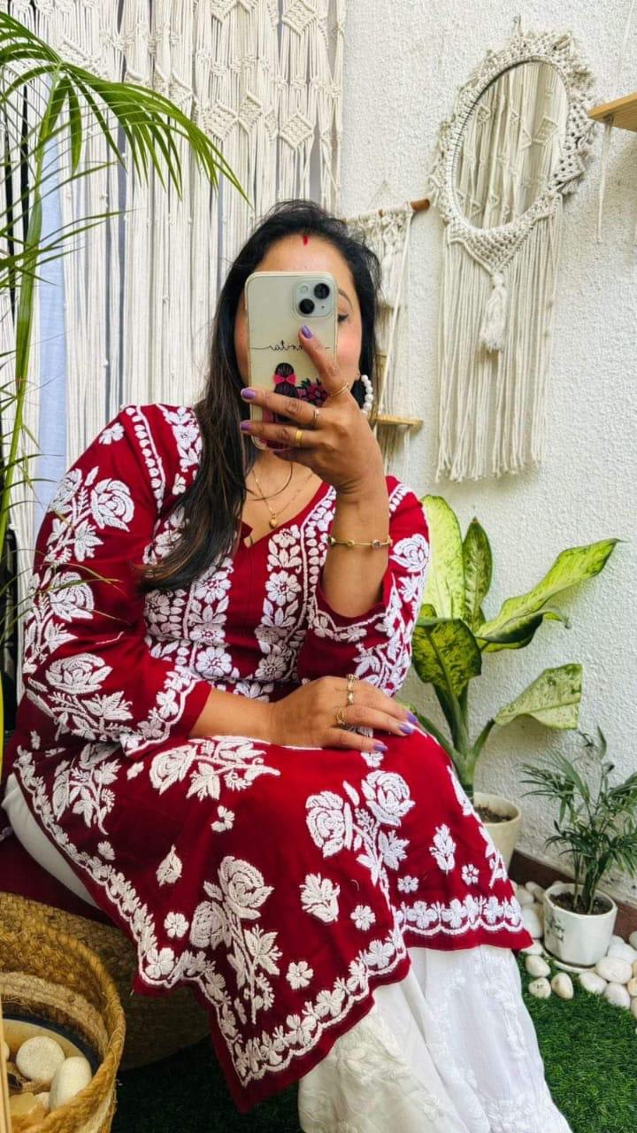 MAROON PURE RAYON ROSE MODAL KURTI WITH HEAVY WORK ON DAMAN AND SLEEVES AND PLAZZO SET