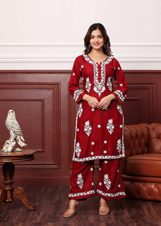 MAROON Premium Rayon Kurti Plazo Set