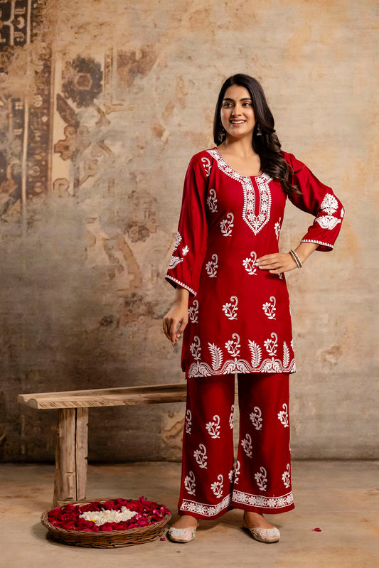 MAROON Women Rayon Ethnic Top Plazzo Set