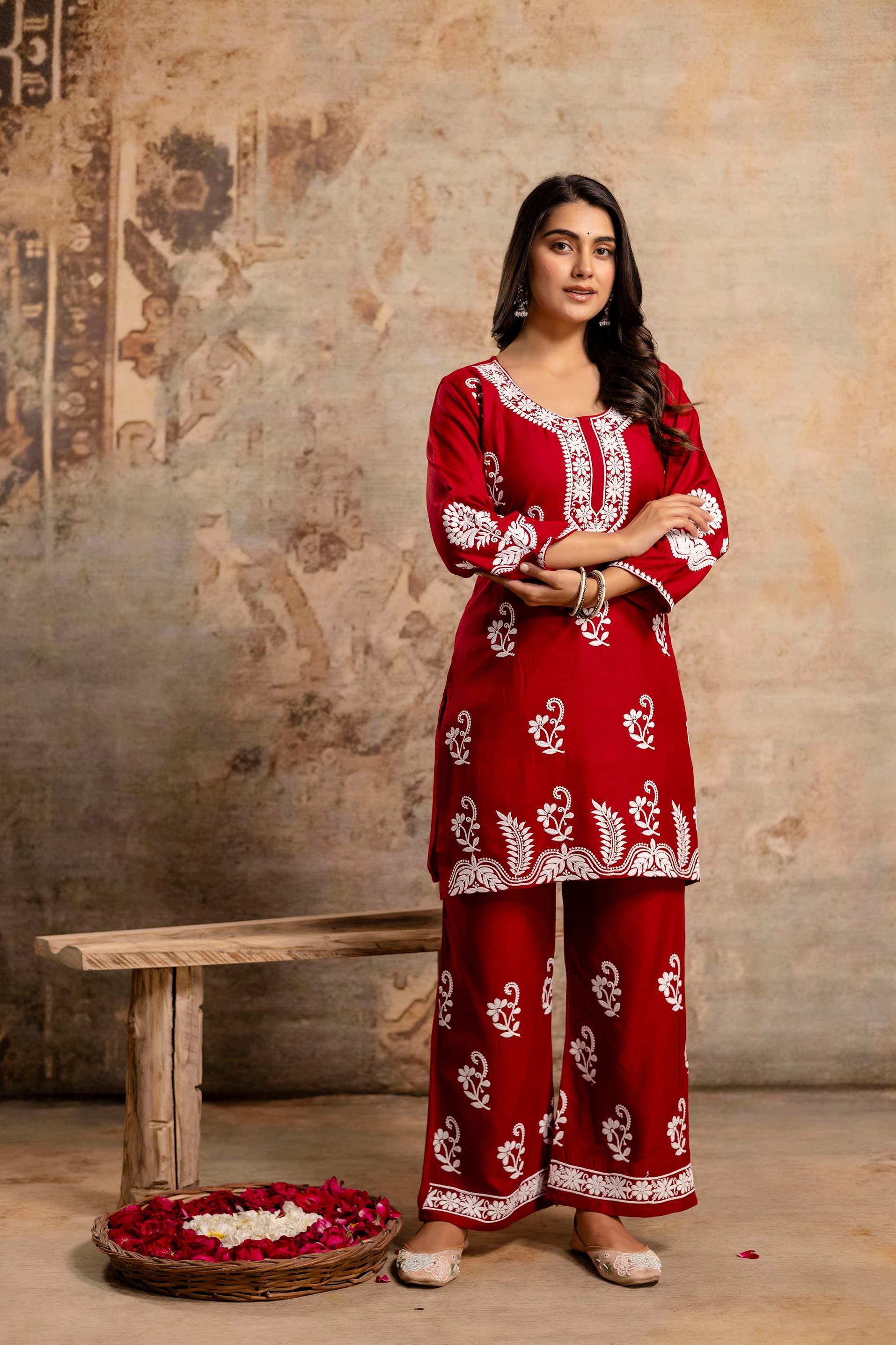 MAROON Women Rayon Ethnic Top Plazzo Set