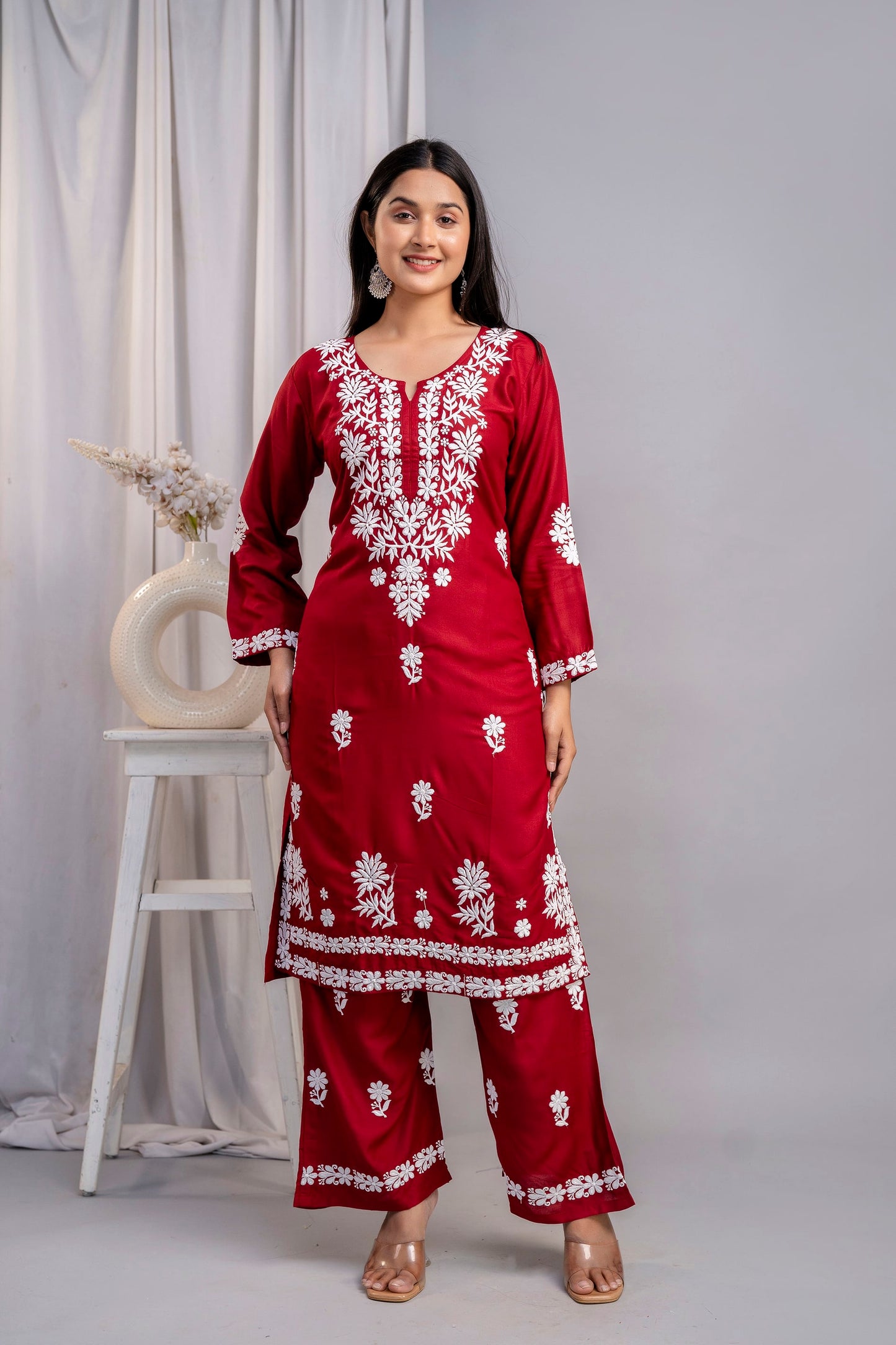 MAROON Women's Exclusive Kurti & Palazzo Set on Pure Rayon Fabric Chikan Suit
