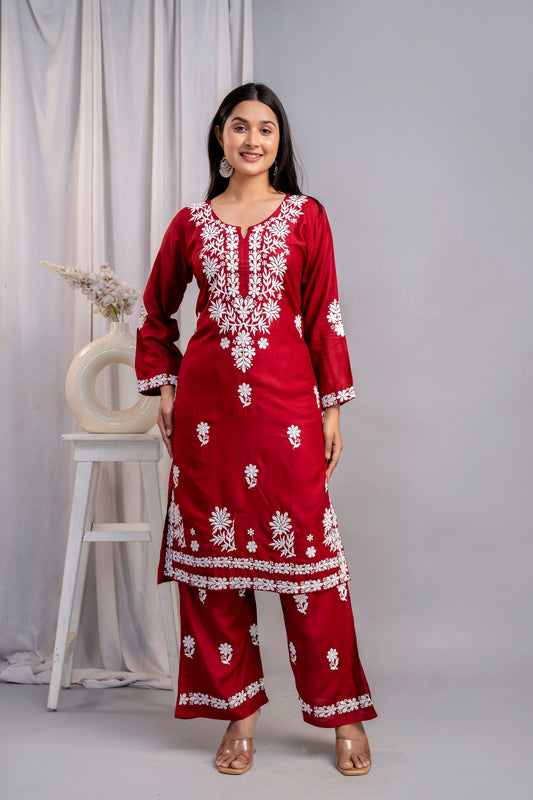 MAROON Women's Exclusive Kurti & Palazzo Set on Pure Rayon Fabric Chikan Suit